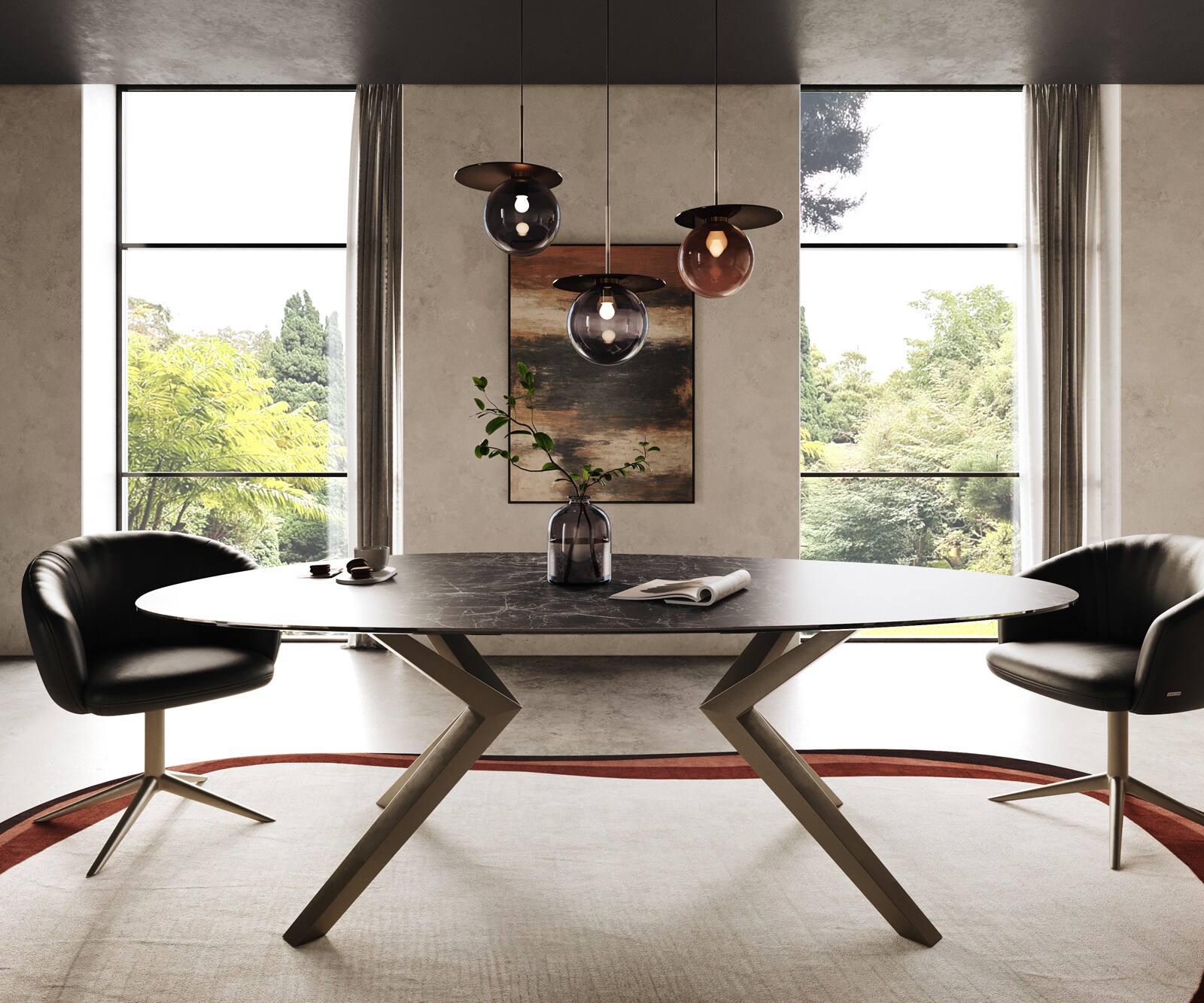 Eetkamertafel Edge ovaal 220x120 Laminam® keramiek Nero Greco Anthrazit Zenthara hoekig metaal effectafwerking titaan 1
