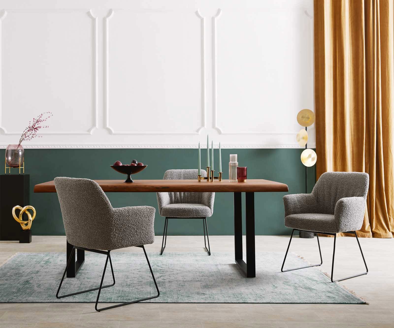 Eetkamerstoel Xana-Flex met armleuning bouclé zilver grijs slipframe zwart pocketveer kern 5 Eetkamerstoel Xana-Flex met armleuning bouclé zilver grijs slipframe zwart pocketveer kern 5