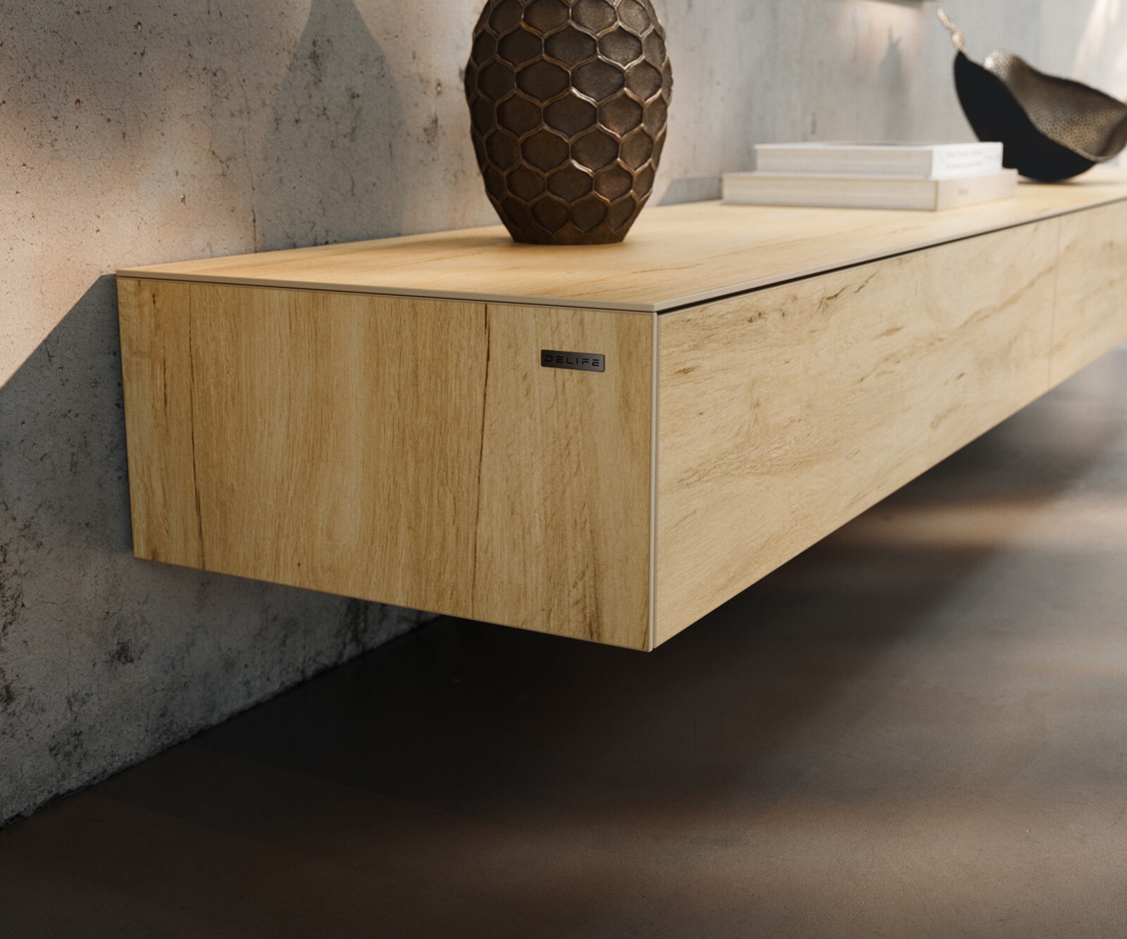 Tv-meubel Cuor 250 cm Keramiek Laminam® Sabbia Eiken gekleurd 1 Flap 1 Lade Zwevende voet look Roestvrij staal 5