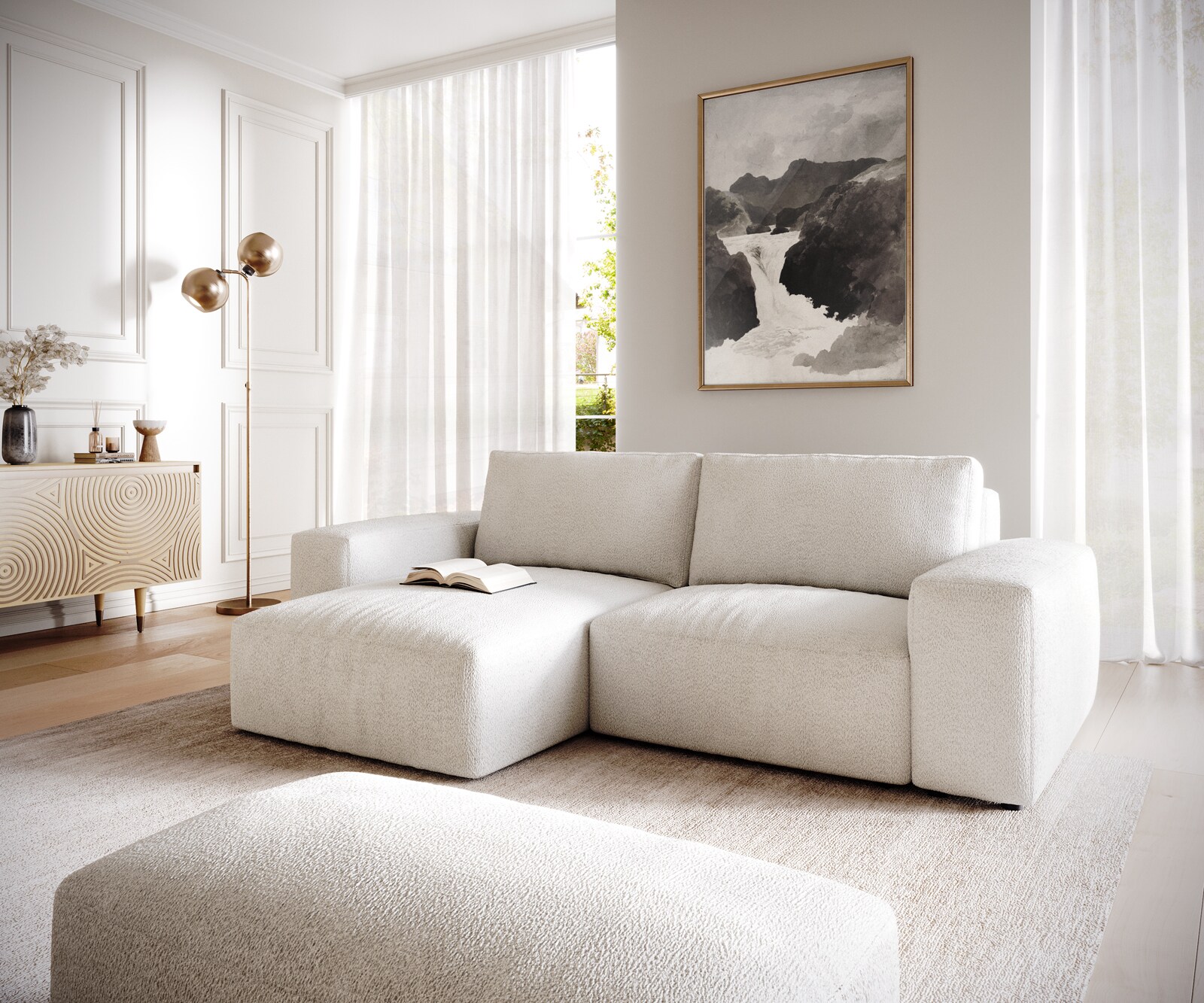 Hoeksofa Lanzo 230x155 cm bouclé crème-wit met variabele recamière en hocker