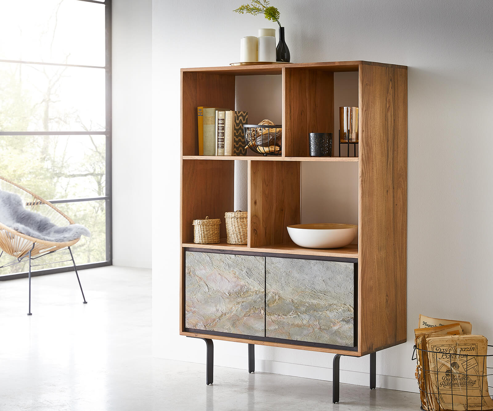 Boekenkast Juwelo 88 cm acacia natuur steenfineer metaal zwart 1 Boekenkast Juwelo 88 cm acacia natuur steenfineer metaal zwart 1