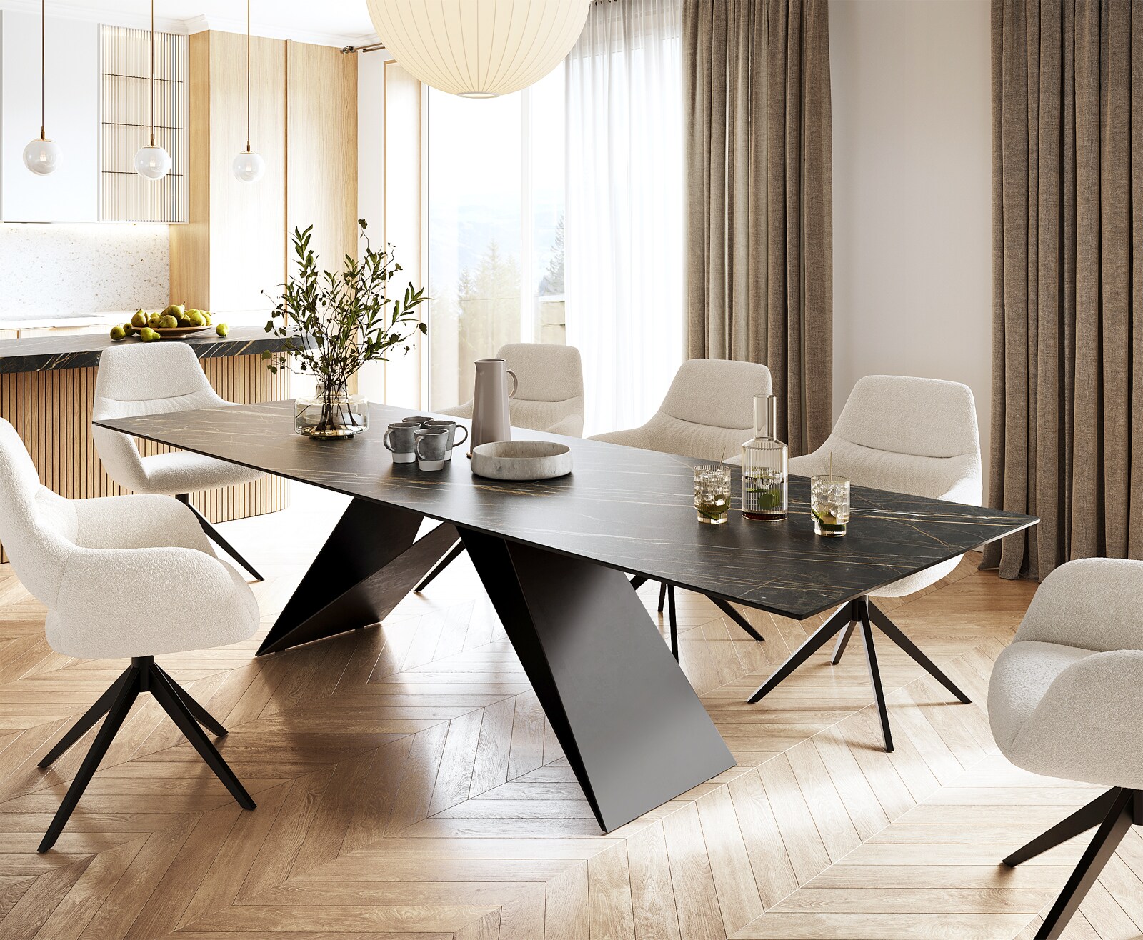 Eettafel Edge 300x100cm Laminam® keramiek bruin V-middenpoot zwart