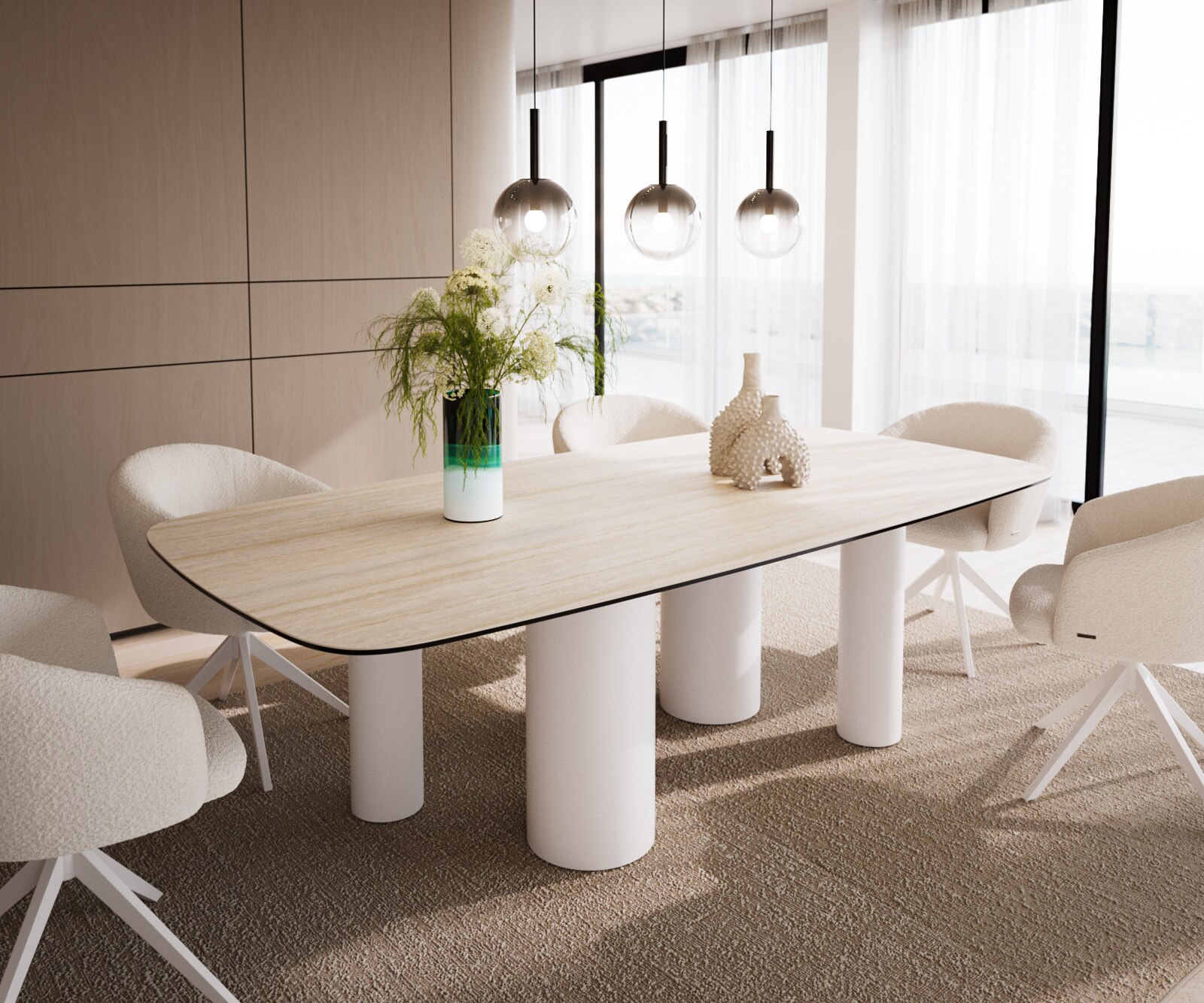 Eetkamertafel Edge Boot 240x120 keramiek Travertin natuurPilier metaal wit