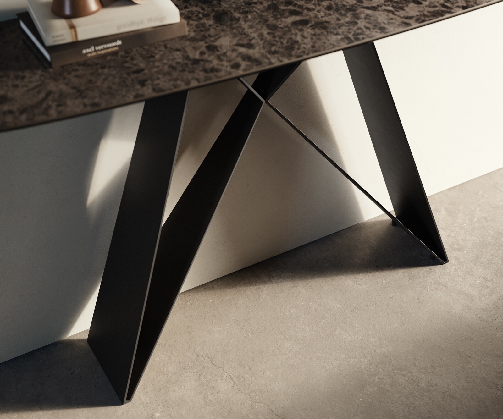 Consoletafel Edge Bootvorm 140x40 cm Keramiek Emperador Extra Lucidato Dunkelbraun Velio Metaal Zwart 5