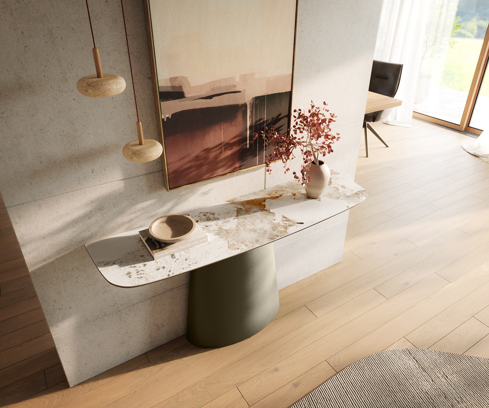 Consoletafel Edge Bootvorm 140x40 cm Keramiek Minas Melange Weiß-Beige Conos Metaal Effektfinish Titan 2