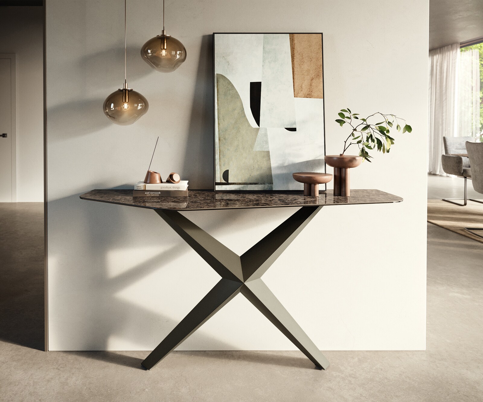 Consoletafel Edge Polygonaal 140x50 cm Keramiek Emperador Extra Lucidato Dunkelbraun Zentharo Metaal Effektfinish Titan