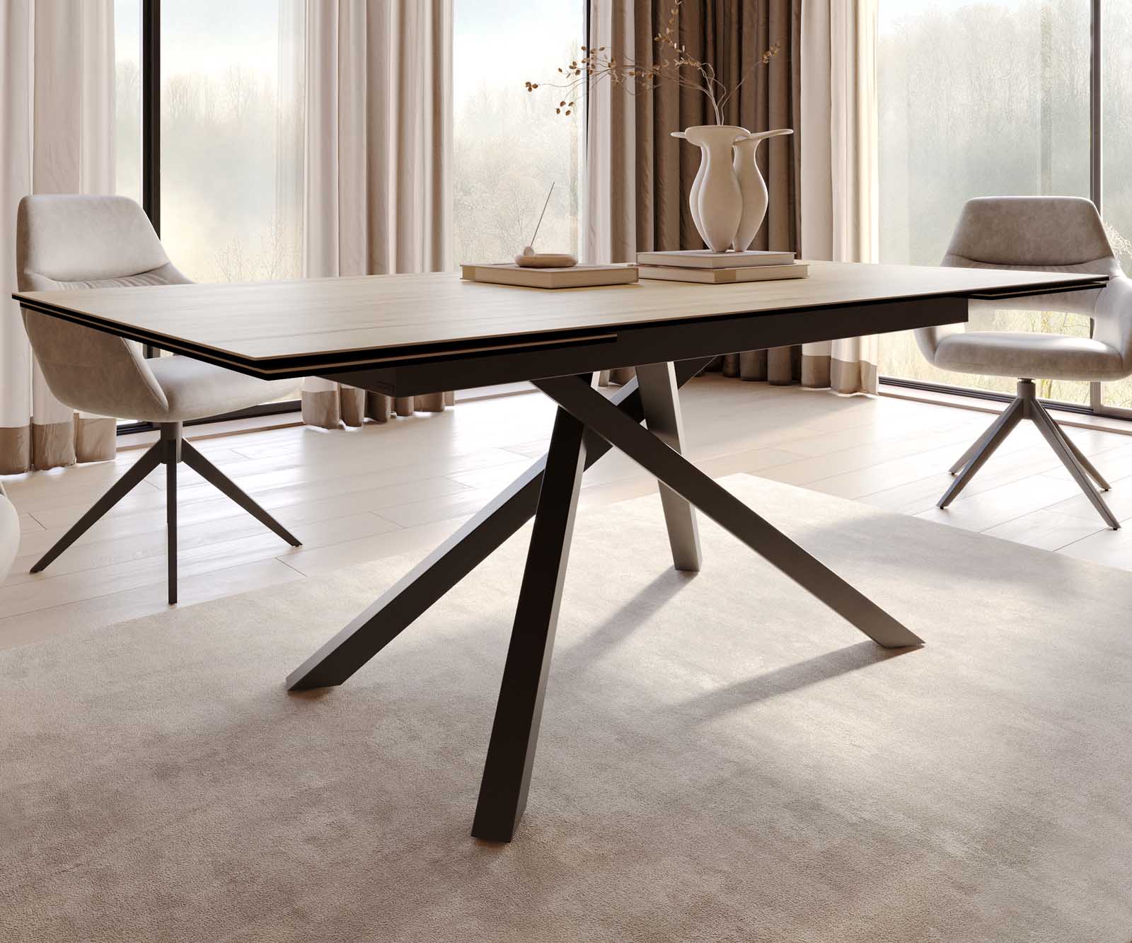 Eetkamertafel Edge 200-300x100 keramiek Laminam® Sabbia eiken kleur kruisframe rechthoek zwart uitschuifbaar 5