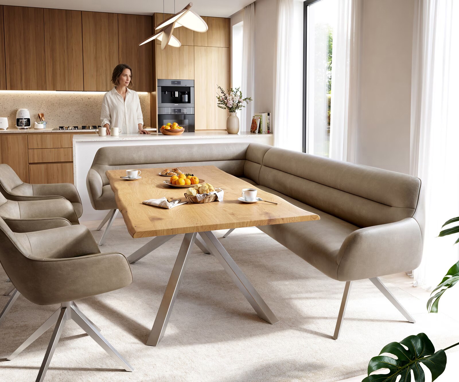 Eetkamerbank Taya-Flex 285x190 cm microvelours beige vintage hoekig kruisframe roestvrij staal pocketvering rechts