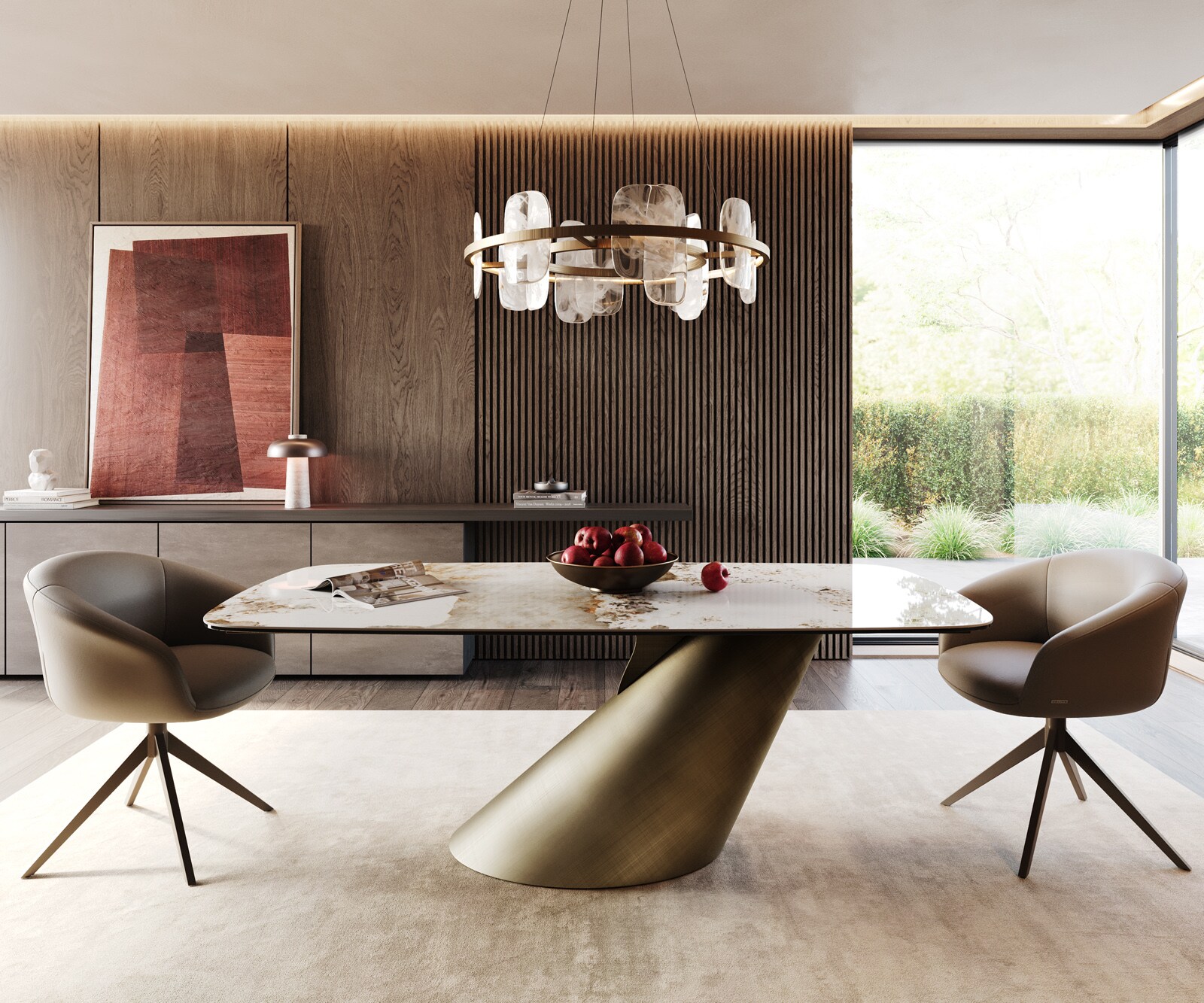 Eettafel Edge Boot 200x100 keramiek  Minas Melange wit-beige  Cono metaal goud 1