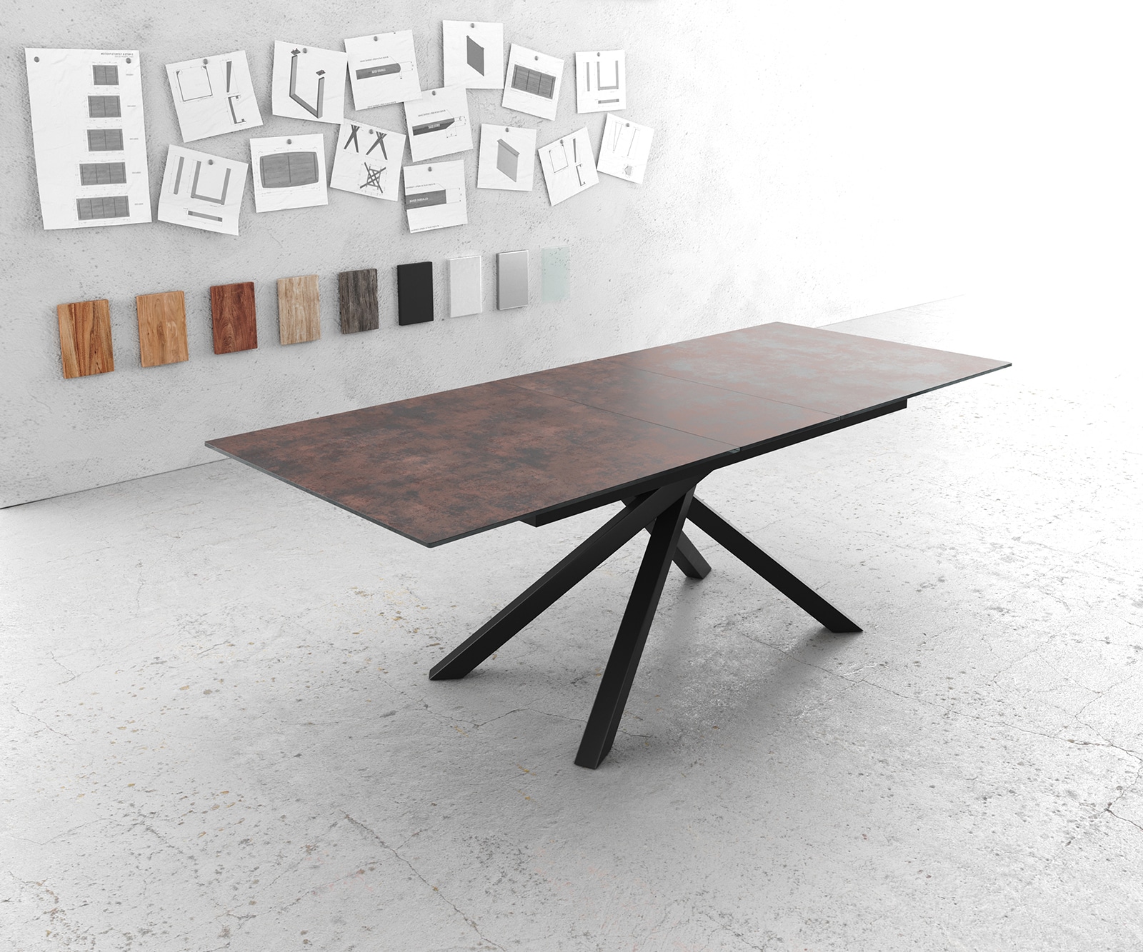 Eettafel Edge 180-220x90cm verre antiek-bruin middenpoot kruis zwart Eettafel Edge 180-220x90cm verre antiek-bruin middenpoot kruis zwart