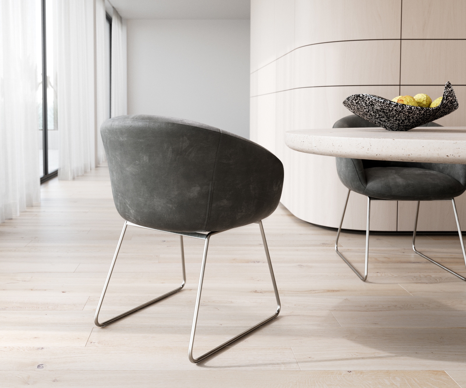 Eetkamerstoel Vinka-Flex met armleuning microvelours antraciet vintage slipframe roestvrij staal pocketveer kern 4 Eetkamerstoel Vinka-Flex met armleuning microvelours antraciet vintage slipframe roestvrij staal pocketveer kern 4