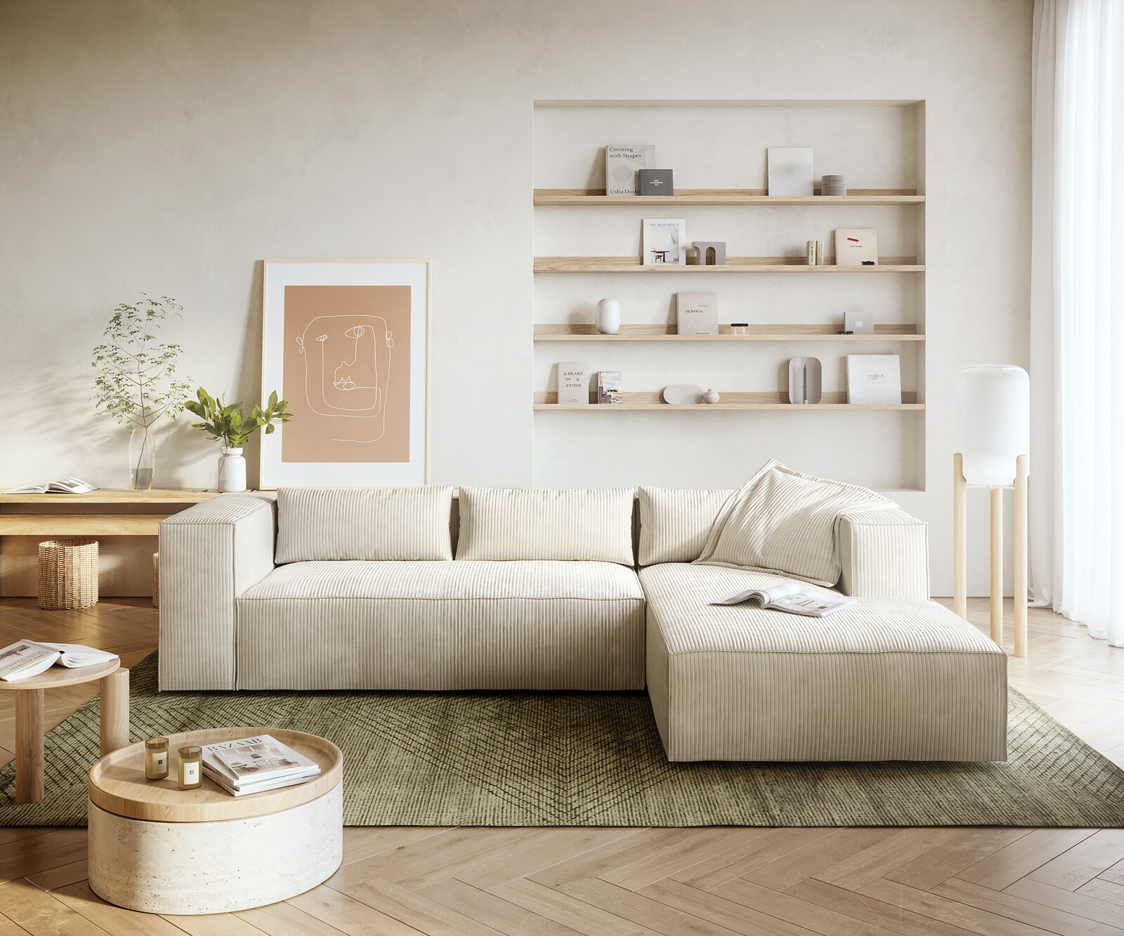 Hoekbank Brom 260 x 175 cm Cord beige Recamiere rechts 3 Hoekbank Brom 260 x 175 cm Cord beige Recamiere rechts 3