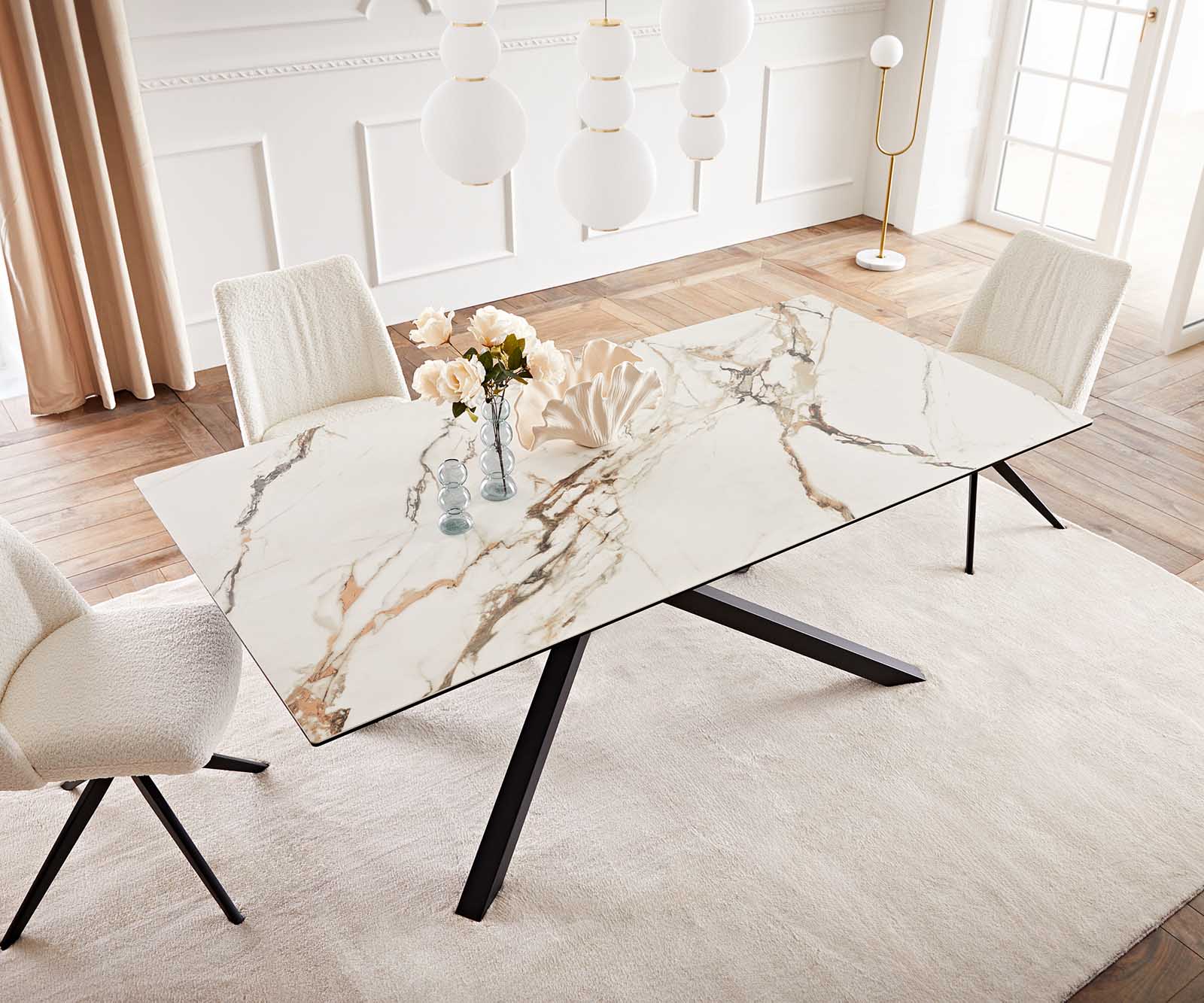 Eetkamertafel Edge 200x100 keramiek Calacatta Luxe wit-goud-grijs kruisframe rechthoek zwart 5