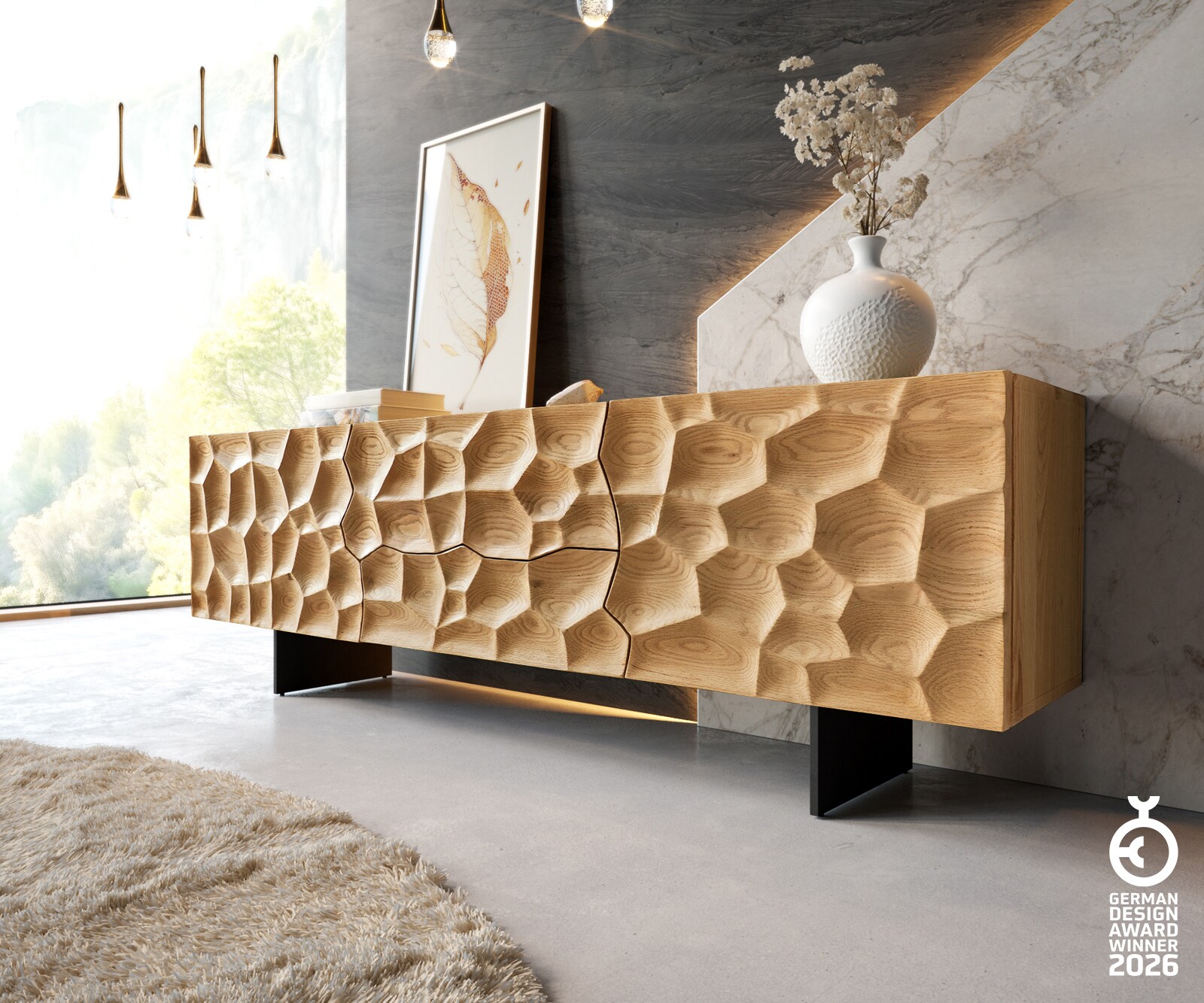 Tv-meubel Solu 175 cm natuur eiken 2 deuren 2 laden onderstel zwevend metaal zwart 3D-front