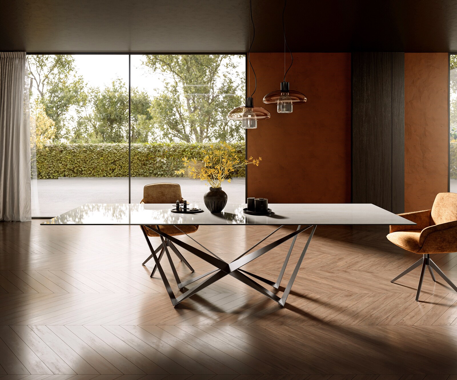 Eettafel Edge 300x100 cm keramiek Onyx Champagne Spider platstaal roestvrij staal grafiet 2