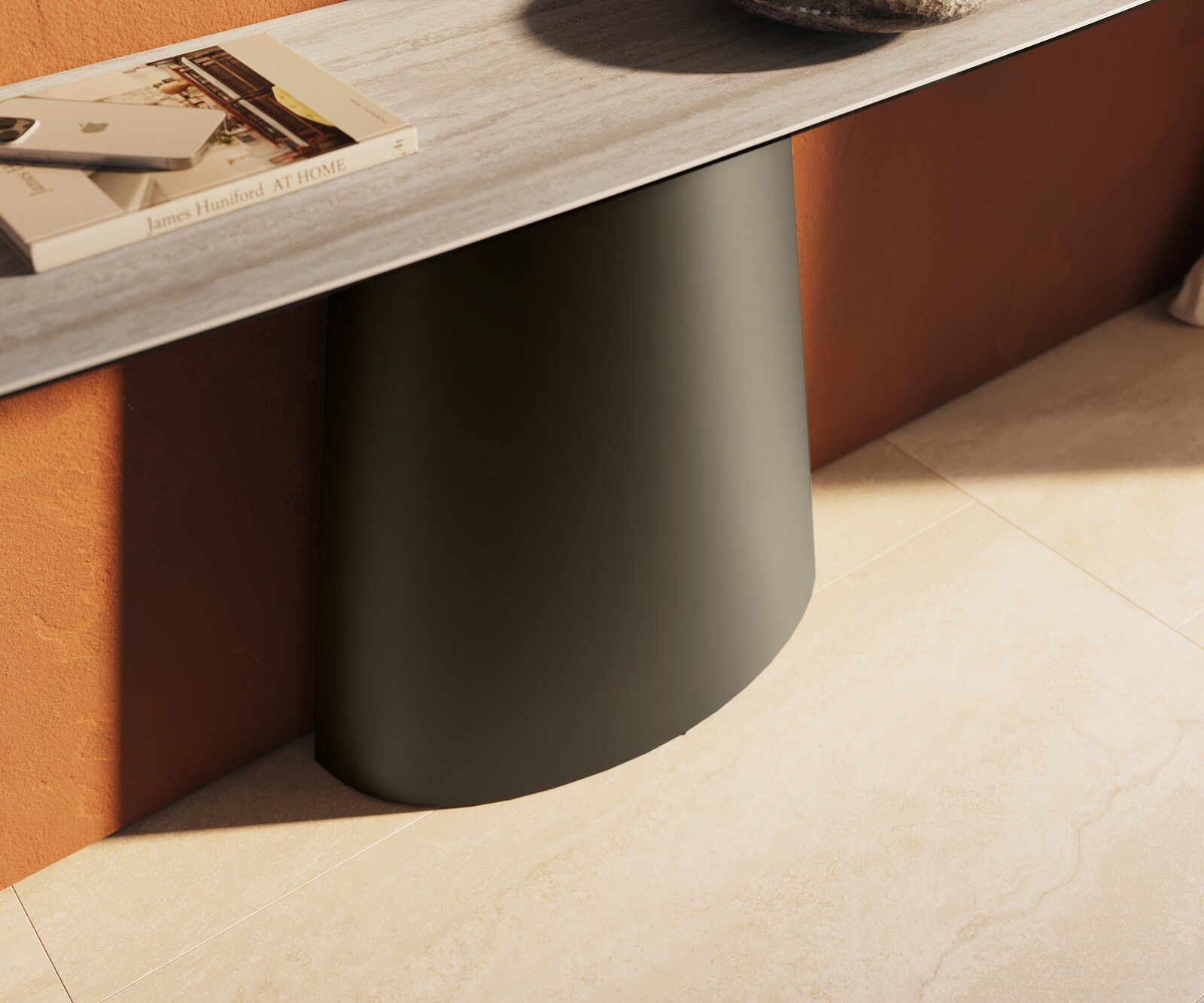 Consoletafel Edge Bootvorm 180x40 cm Keramiek Laminam® Travertino Bianco Creme-Weiß Conos Metaal Effektfinish Titan 6