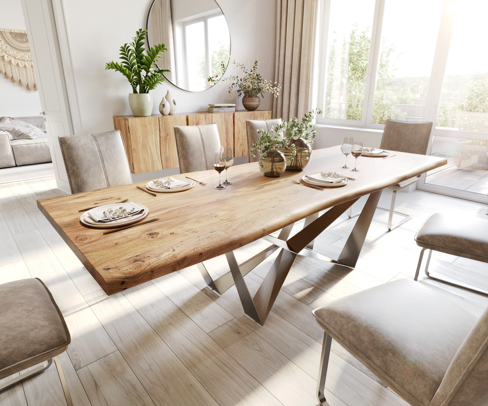 Eettafel Edge 260x100 acacia natuur Spider vlakstaal edelstaal Live-Edge
