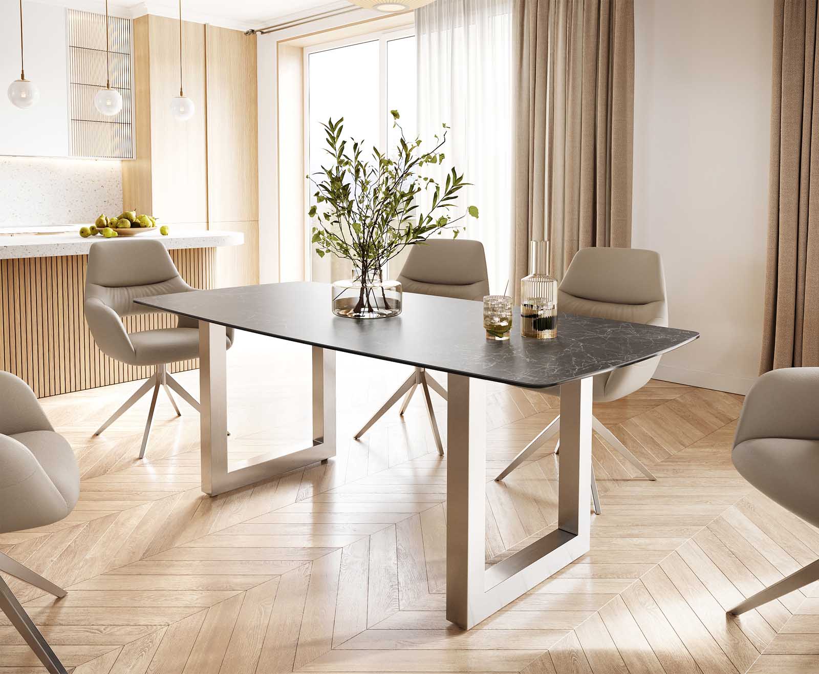 Eettafel Edge Bootsform 200x100 keramiek Laminam® Nero Greco grijs roestvrij staal breed Eettafel Edge Bootsform 200x100 keramiek Laminam® Nero Greco grijs roestvrij staal breed