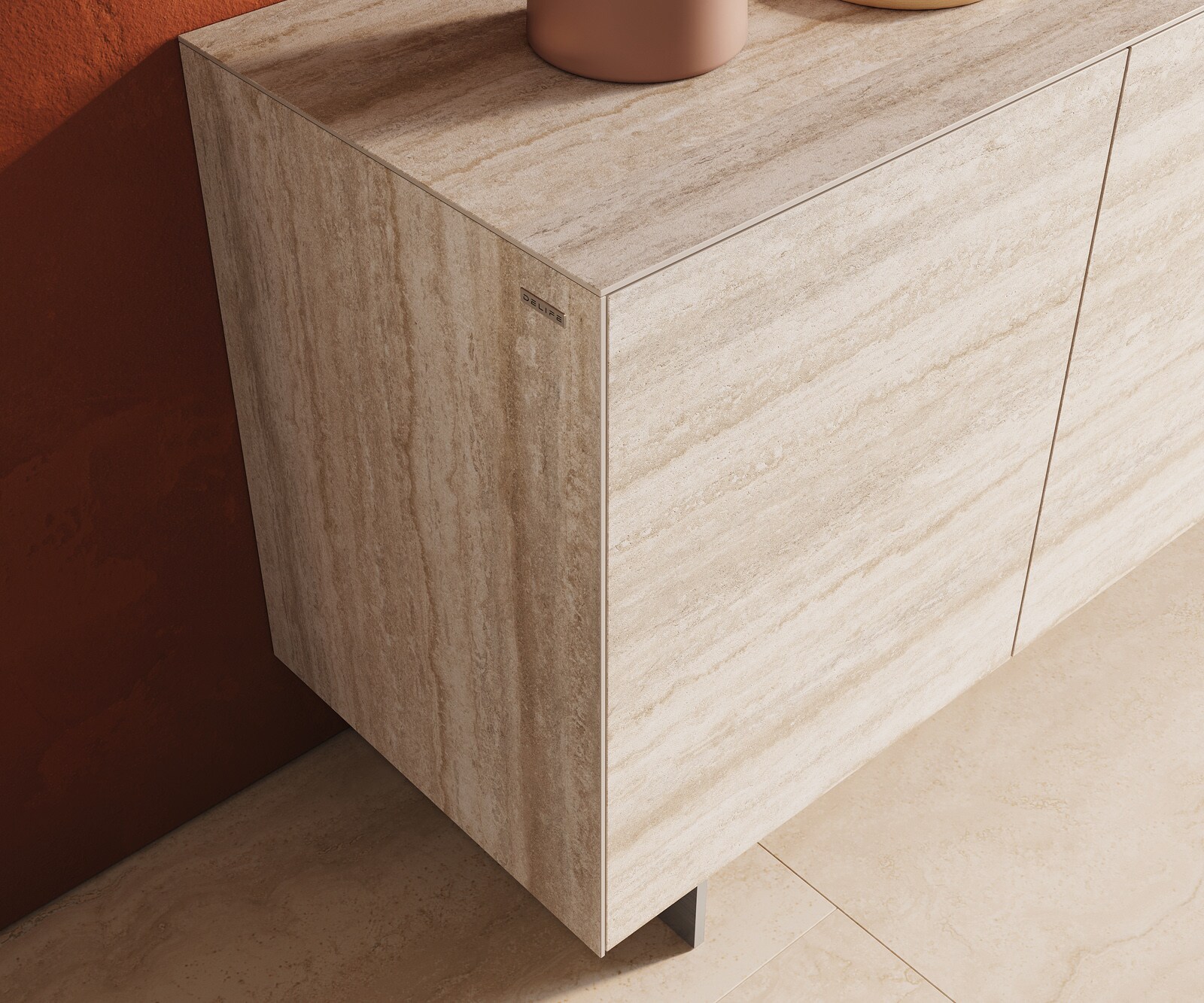 Dressoir Cuor 150 cm Keramiek Laminam® Travertino Bianco Crème-wit 3 Deuren Zwevende voet look Roestvrij staal 6