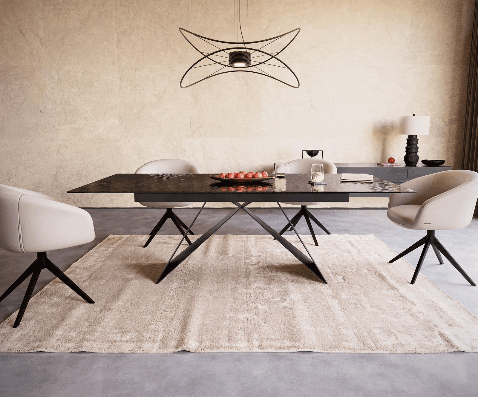 Eetkamertafel Edge 180-220x100 Glas smelten rokerig zwart 3D-Relief V-frame vlak staal zwart uitschuifbaar 1 Eetkamertafel Edge 180-220x100 Glas smelten rokerig zwart 3D-Relief V-frame vlak staal zwart uitschuifbaar 1