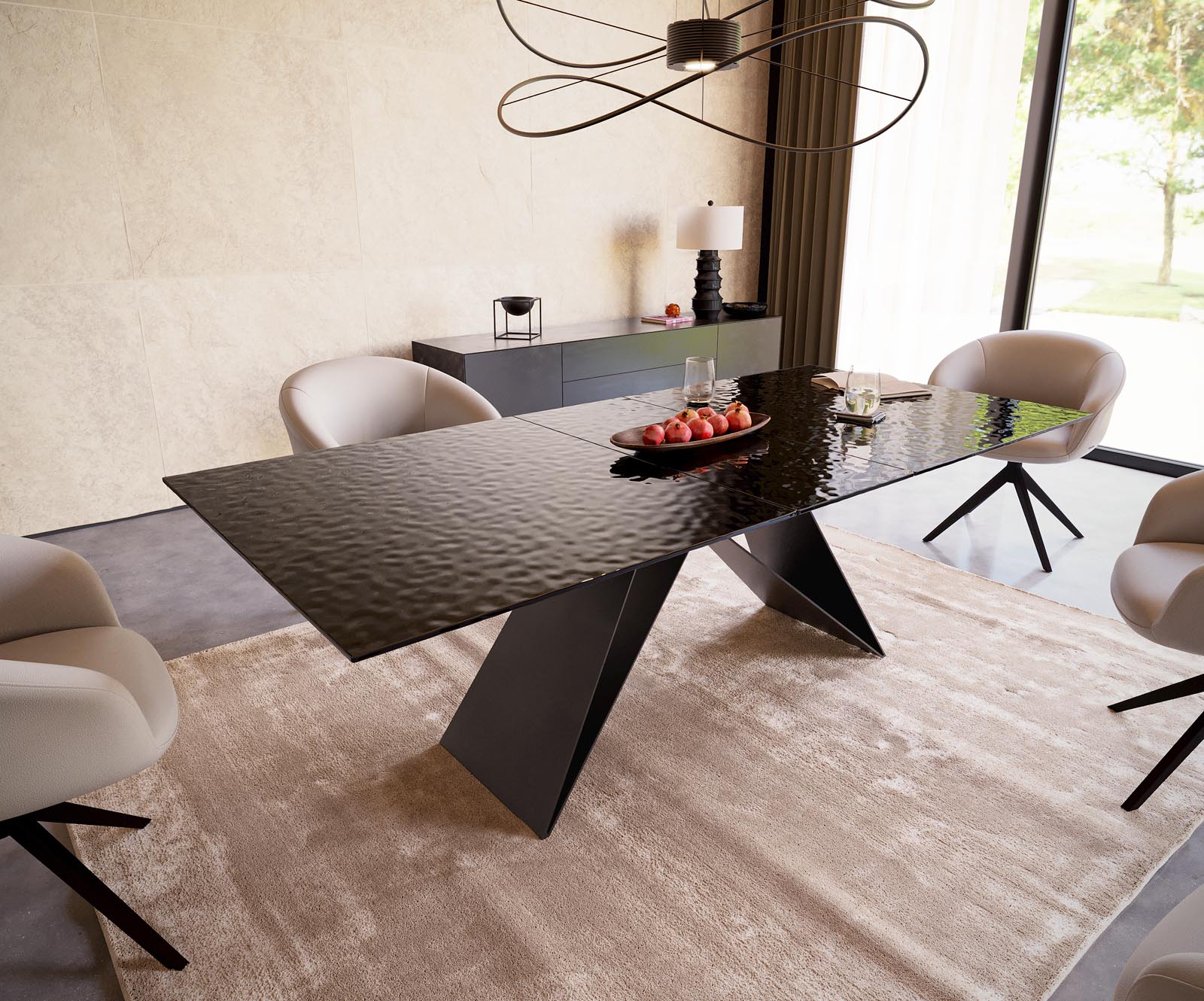 Eetkamertafel Edge 180-220x100 Glas smelten rokerig zwart 3D-Relief V-frame vlak staal zwart uitschuifbaar Eetkamertafel Edge 180-220x100 Glas smelten rokerig zwart 3D-Relief V-frame vlak staal zwart uitschuifbaar