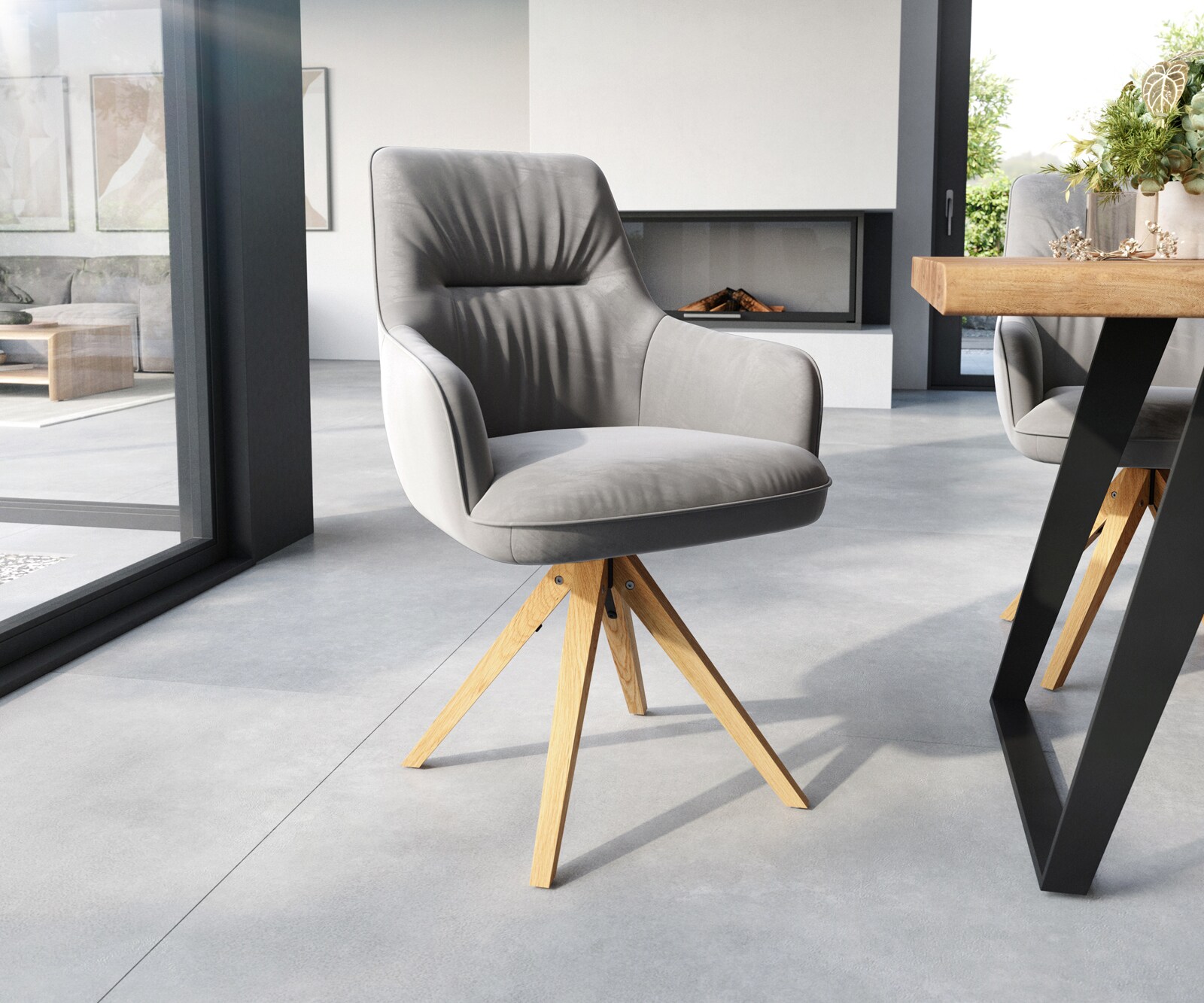 Eetkamerstoel Zelia-Flex met armleuning fluweel grijs houten frame hoekig natuur pocketveer kern