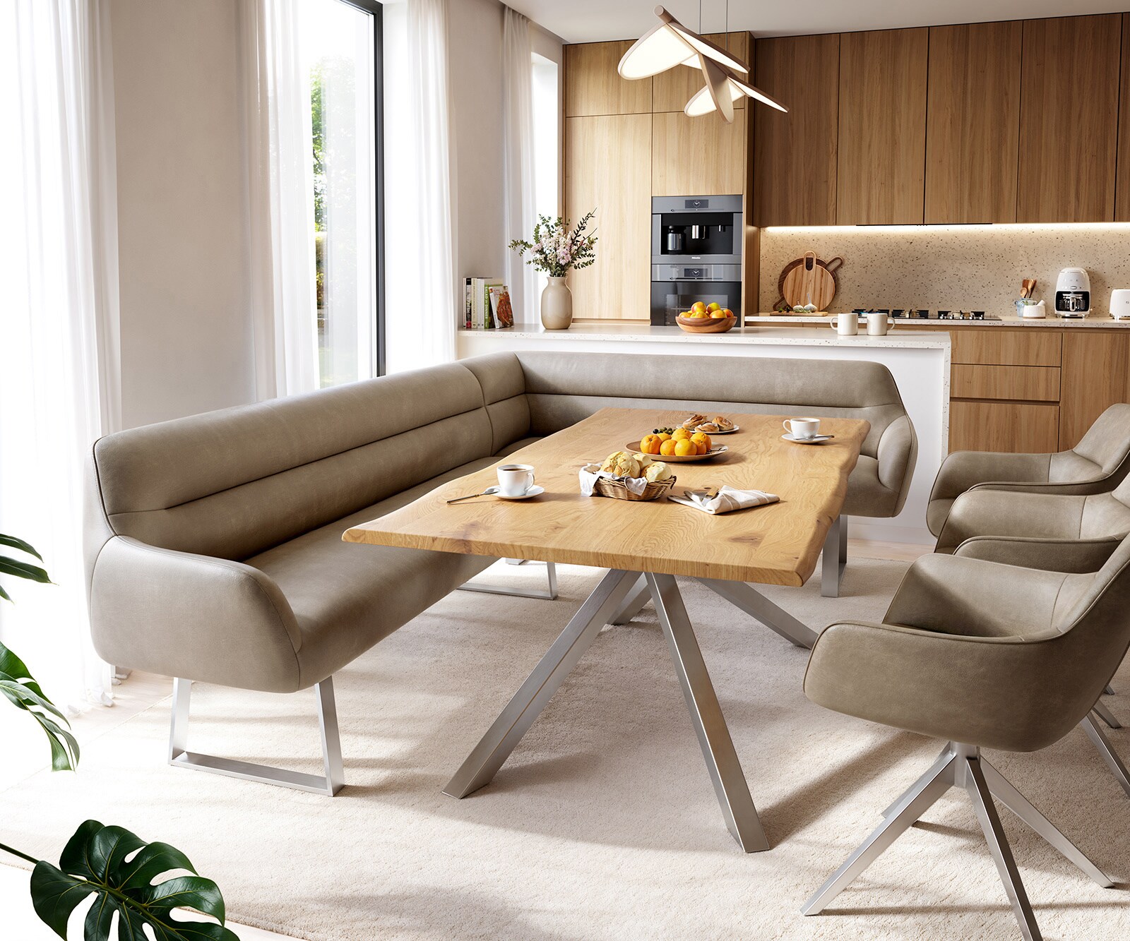 Eetkamerbank Taya-Flex 285x190 cm microvelours beige vintage gekant sledeframe roestvrij staal pocketvering links 1