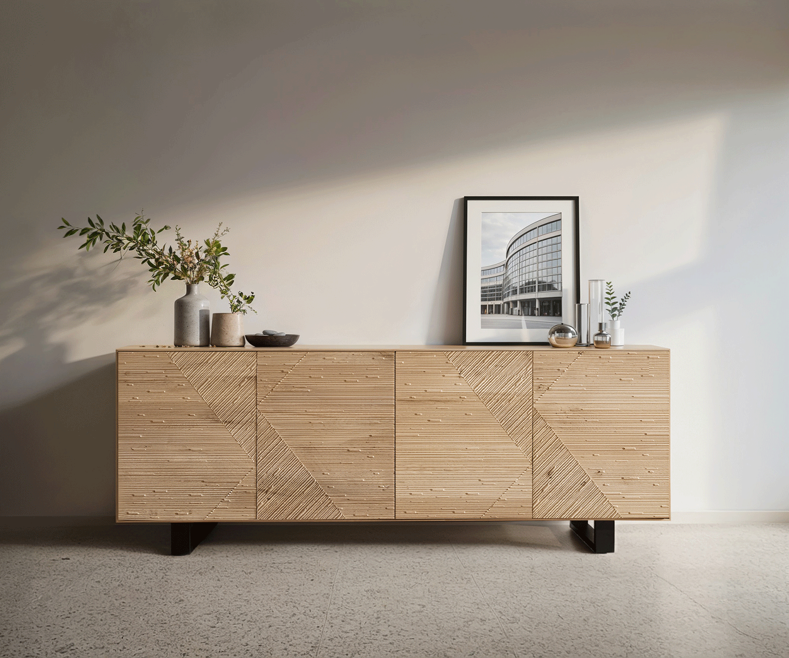 Dressoir Tereos 200 cm eiken natuur 3D-effect 4 deuren metalen sledepoten zwart 1