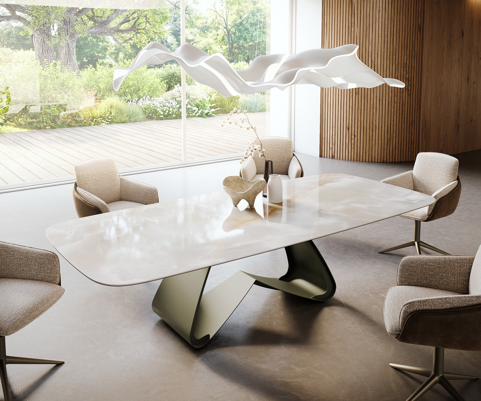 Eetkamertafel Edge Boot 270x120 cm Keramiek Iris FMG Onice Grigio W-onderstel Metaal Effectafwerking Titan 1