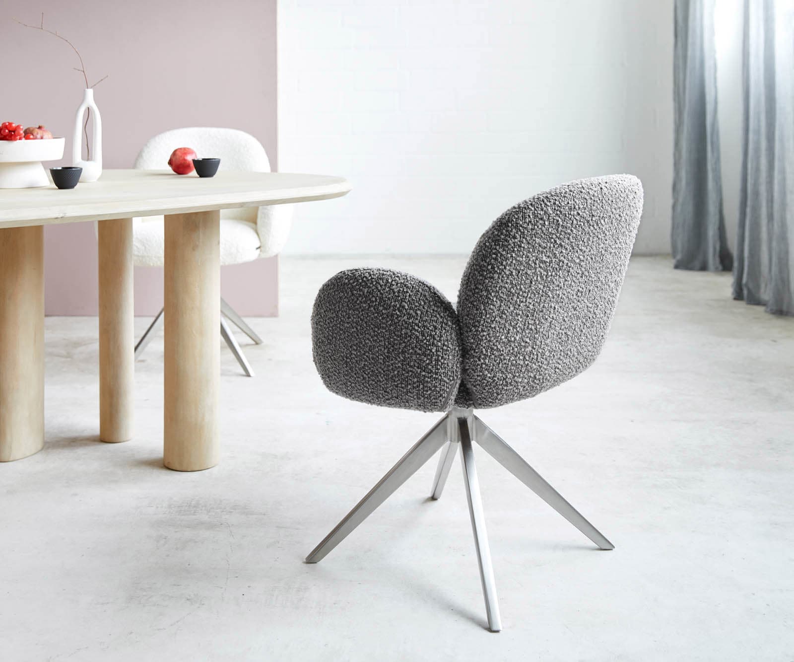 Draaistoel Nube-Flex met armleuning bouclé zilver grijs kruisframe breed roestvrij staal 360° draaibaar pocketveer kern 4 Draaistoel Nube-Flex met armleuning bouclé zilver grijs kruisframe breed roestvrij staal 360° draaibaar pocketveer kern 4