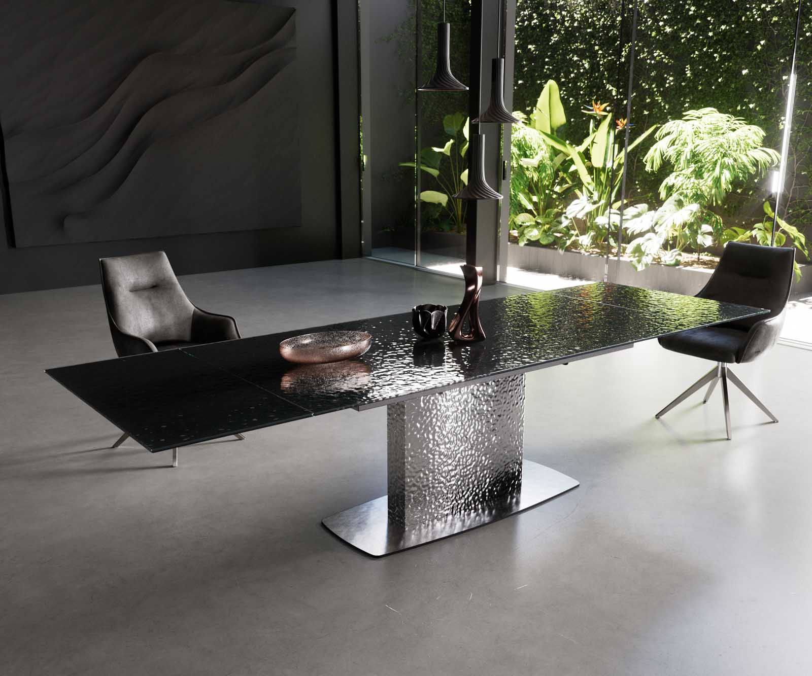 Eetkamertafel Edge 200-300x100 Glas smelten rokerig zwart 3D-Relief Wave RVS uitschuifbaar 1