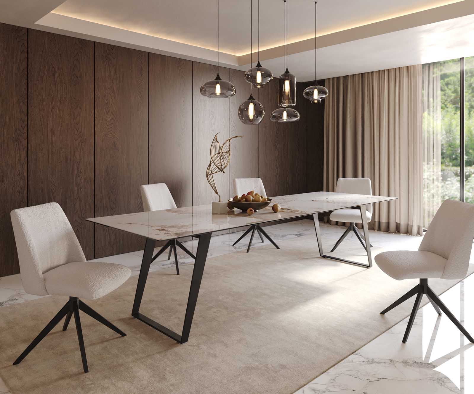 Eetkamertafel Edge 300x100 keramiek Minas Melange wit-beige metaal schuin zwart 8