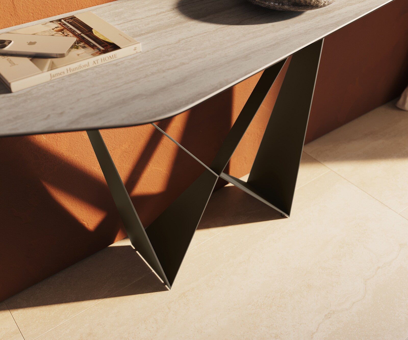 Consoletafel Edge Polygonaal 180x50 cm Keramiek Laminam® Travertino Bianco Creme-Weiß Spios Metaal Effektfinish Titan 6