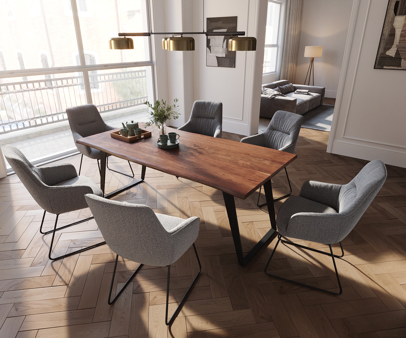 Eetkamerstoel Zelia-Flex met armleuning structuurstof lichtgrijs slipframe zwart pocketveer kern 4
