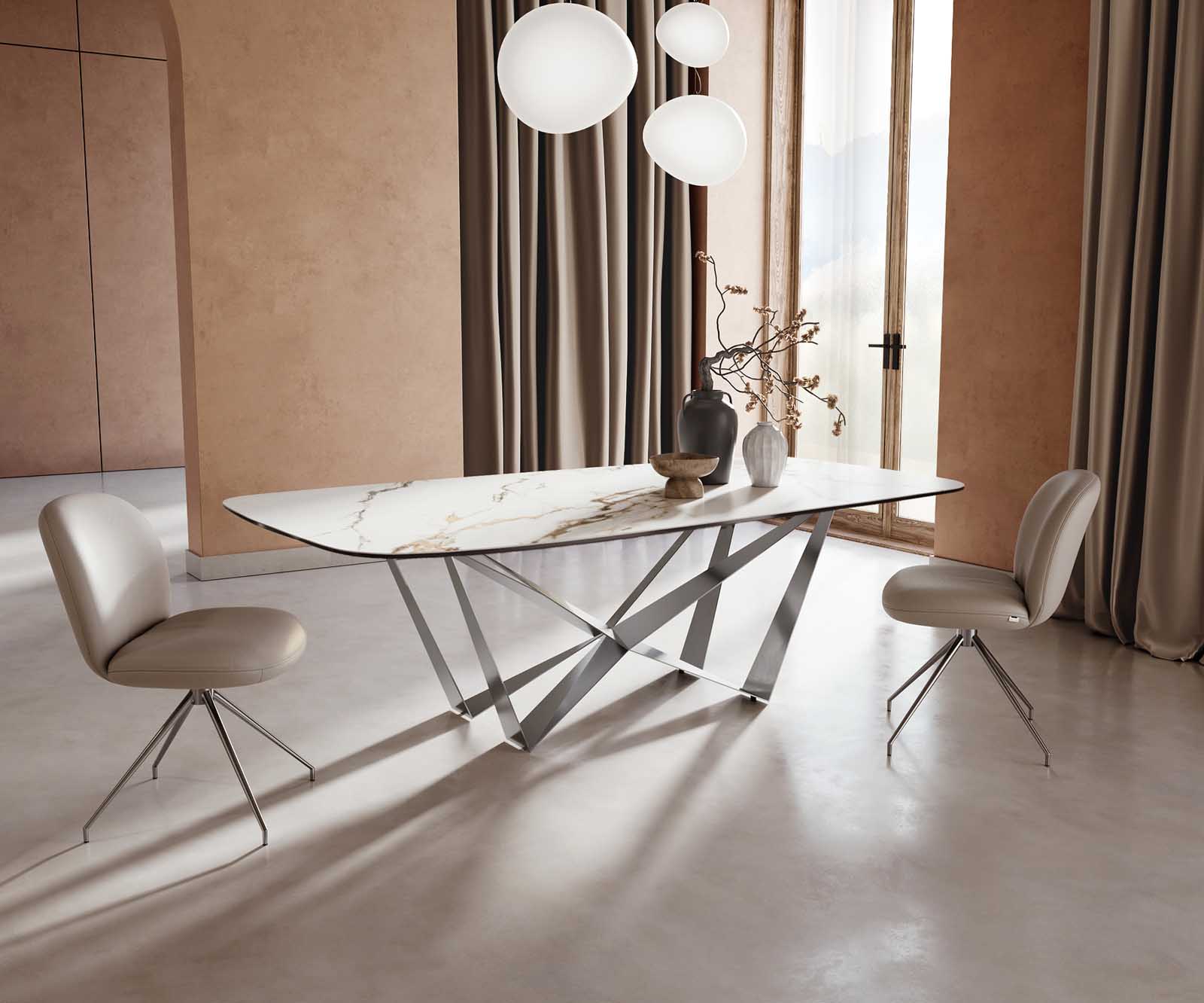 Eetkamertafel Edge Boot 240x120 keramiek Calacatta Luxe wit-goud-grijs spider vlak staal RVS 1