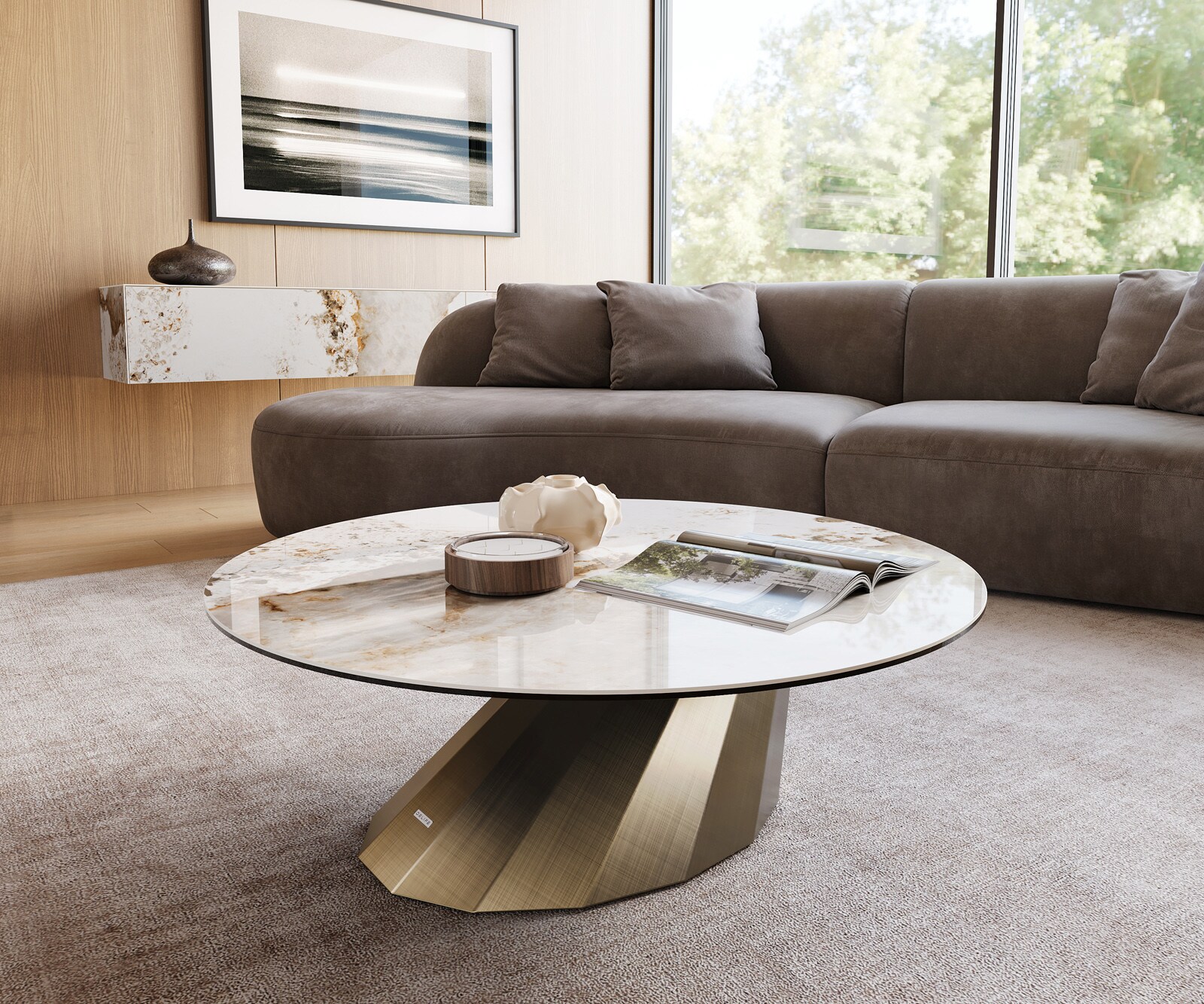 Salontafel Edge rond 100x100 cm keramiek Minas Melange Parabi metallic goud 1
