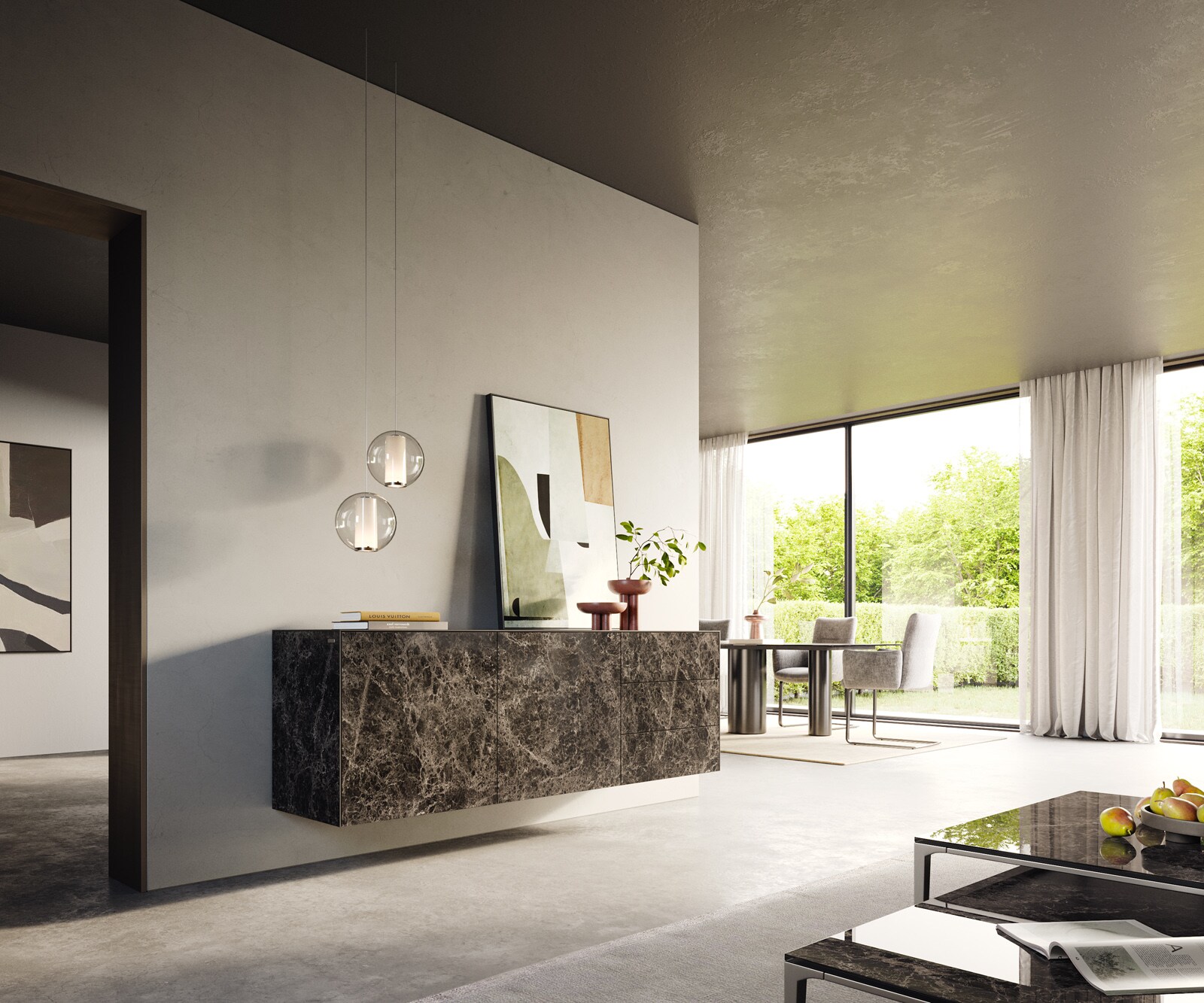 Dressoir Cuor 180 cm Keramiek Laminam® Emperador Extra Lucidato Donkerbruin 2 Deuren 3 Laden Zwevend 7
