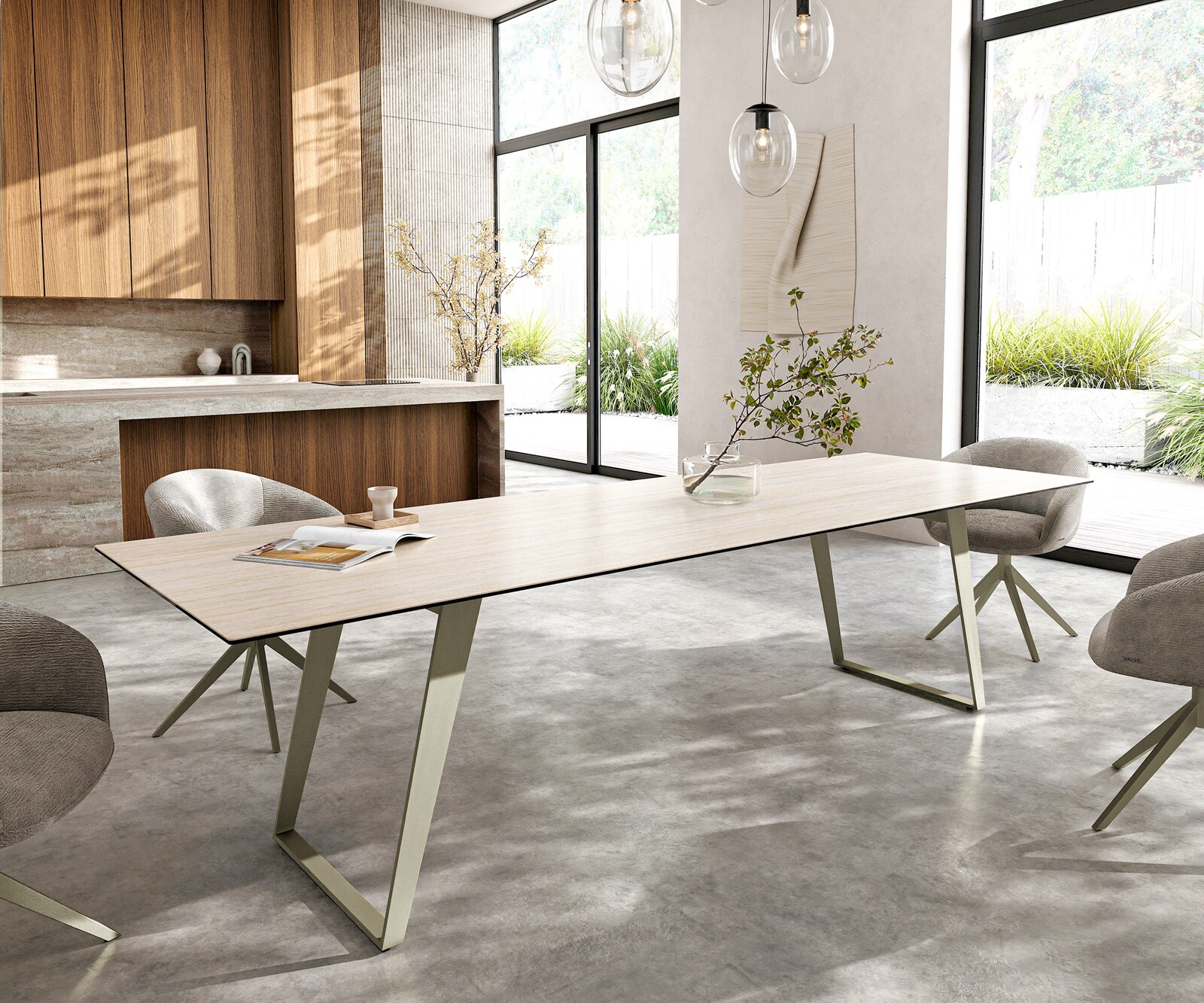 Eetkamertafel Edge 300x100 cm Keramiek Laminam®Travertino Bianco Creme-Wit Metaal Schuin Effectafwerking Titan