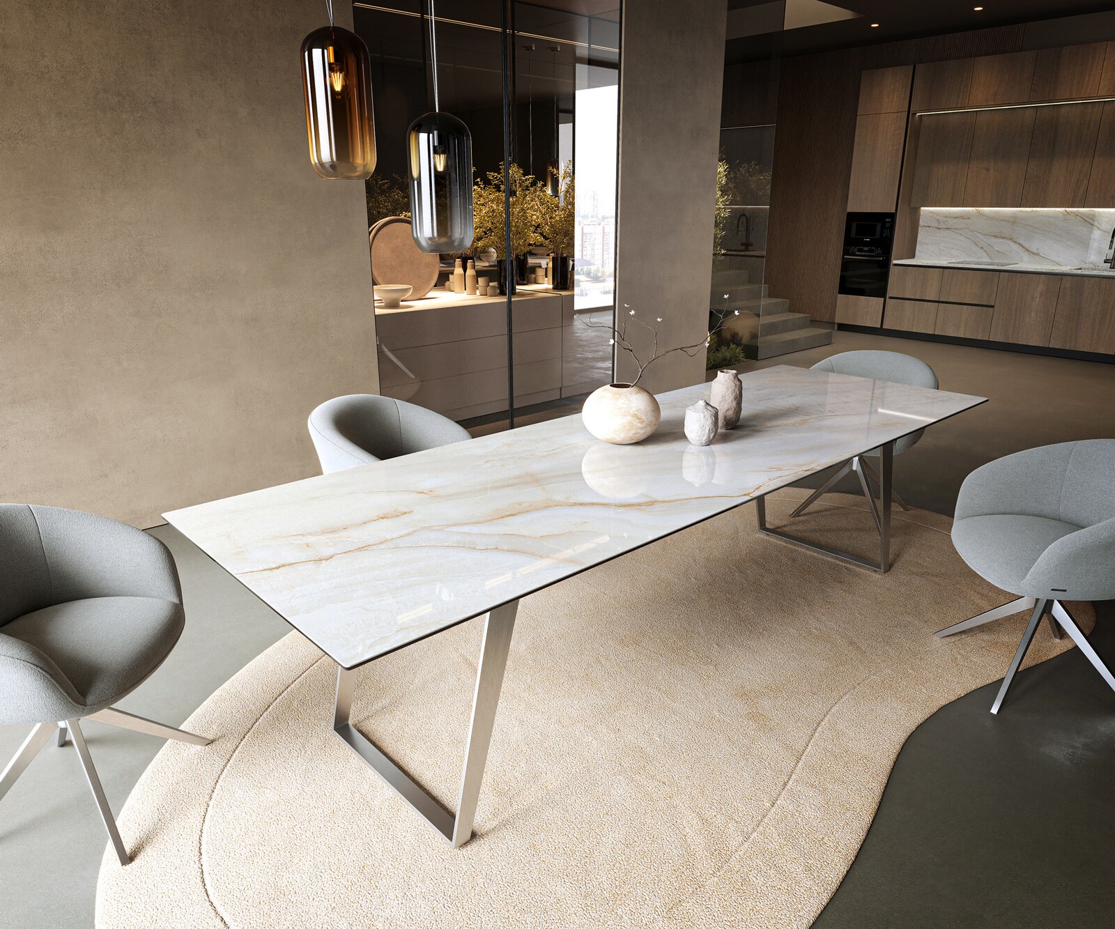 Eettafel Edge 300x100 cm keramiek Onyx Pearl roestvrij staal schuin