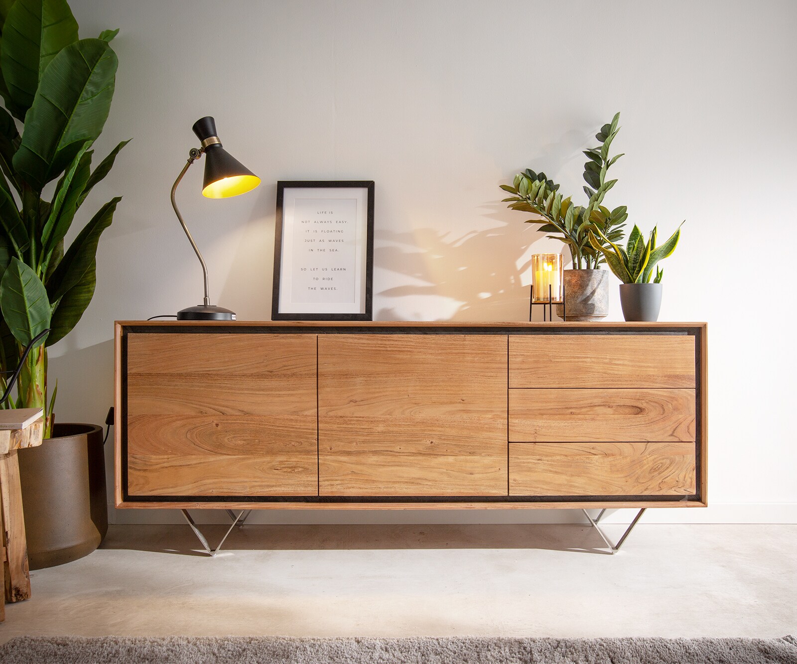 Dressoir Stonegrace 175 cm acacia natuur 2 deuren 3 laden steen fineer V-poot 1