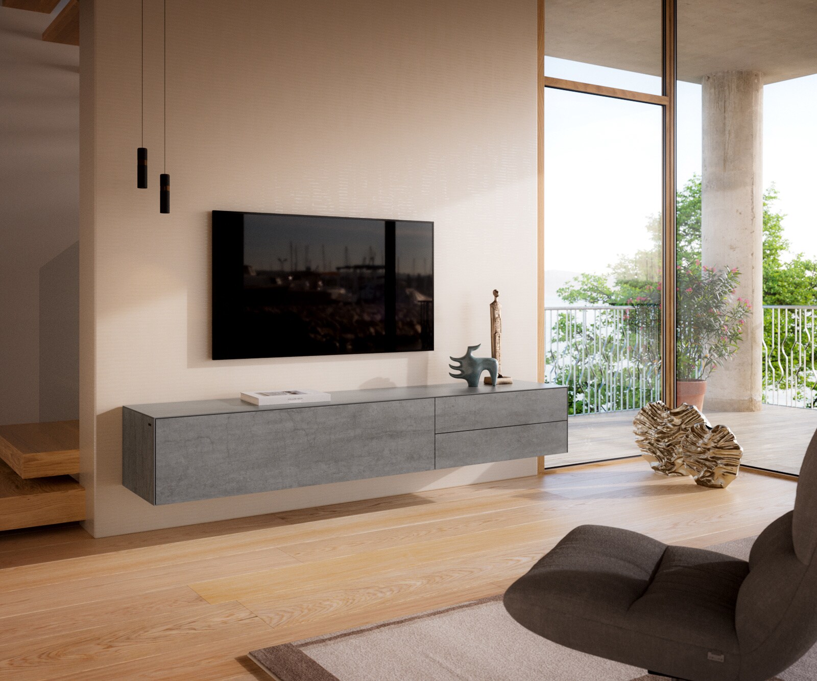 Tv-meubel Cuor 220 cm Keramiek Beton Grijs 1 Flap 2 Laden Zwevend 1
