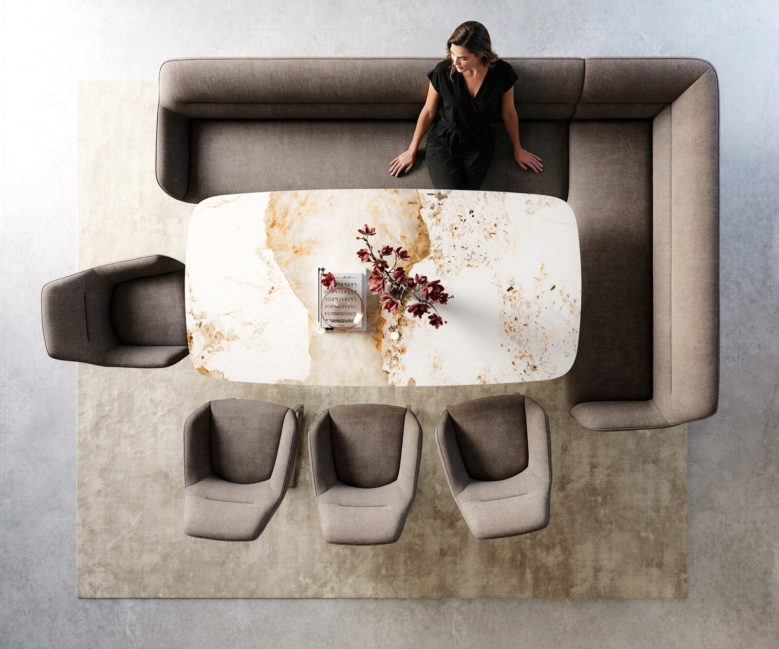 Eetkamerbank Taya-Flex 285x190 cm zachte stof met structuur taupe platte sledebasis afwerking met titaniumeffect pocketvering links 6