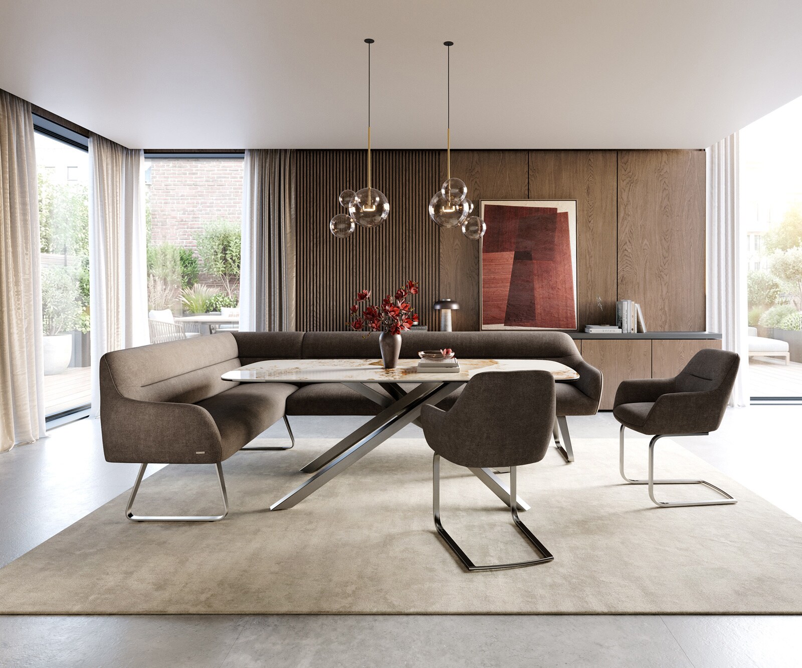 Eetkamerbank Taya-Flex 285x190 cm zachte stof met structuur taupe platte sledebasis roestvrij staal pocketvering links 1