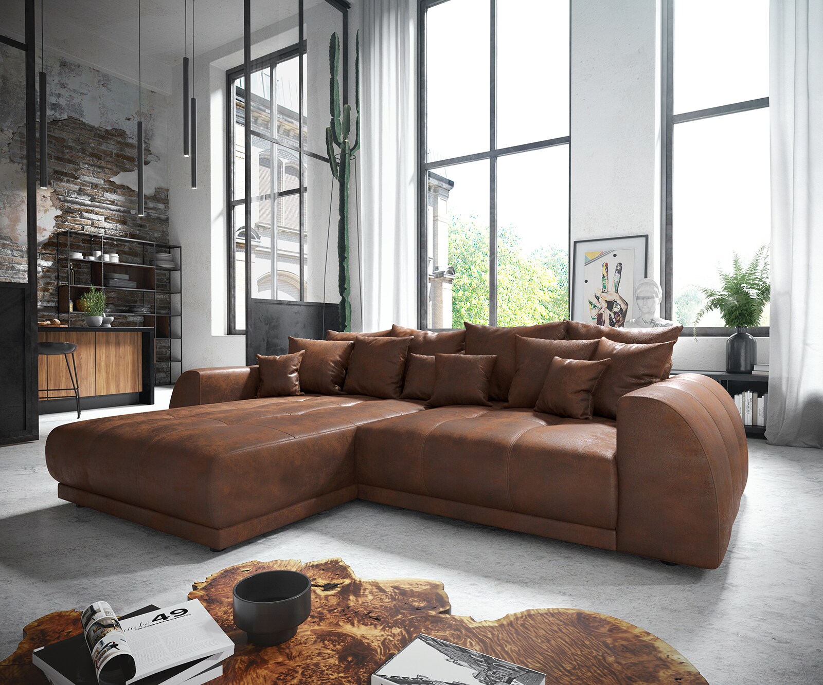 Hoekbank Violetta 300 x 220 cm kunstleer bruin recamiere variabel
