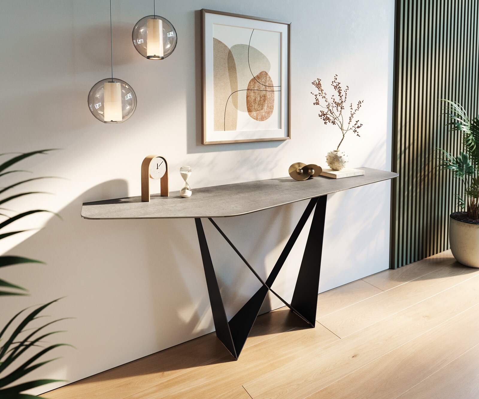 Consoletafel Edge Polygonaal 180x50 cm Keramiek Betongrijs Spios Metaal Zwart 1