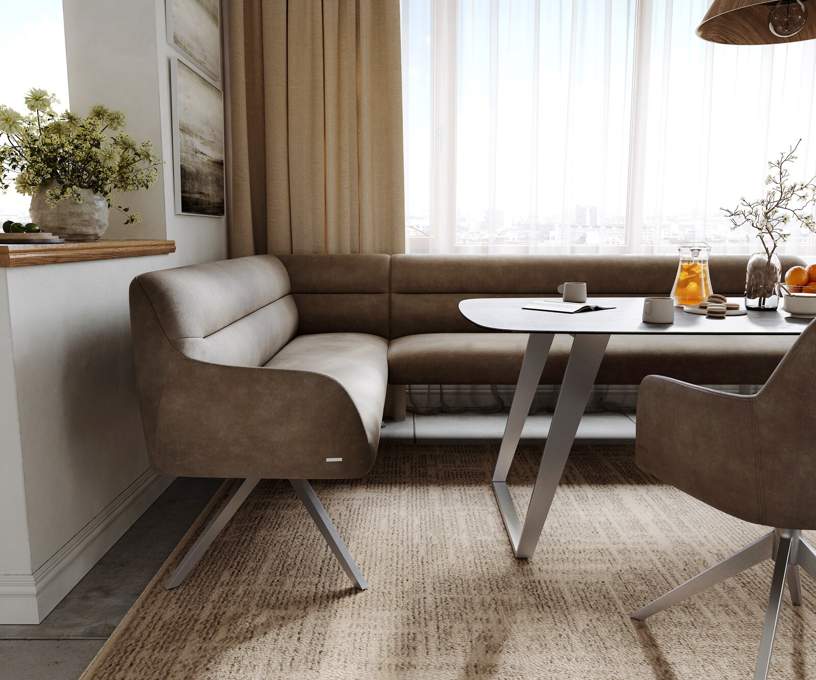 Eetkamerbank Taya-Flex 285x190 cm microvelours taupe vintage hoekig kruisframe roestvrij staal pocketvering links 5
