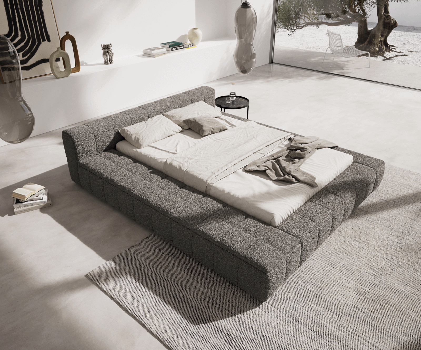Gestoffeerd bed Espazio Bouclé 140x200 cm zilvergrijs met opbergruimte 1
