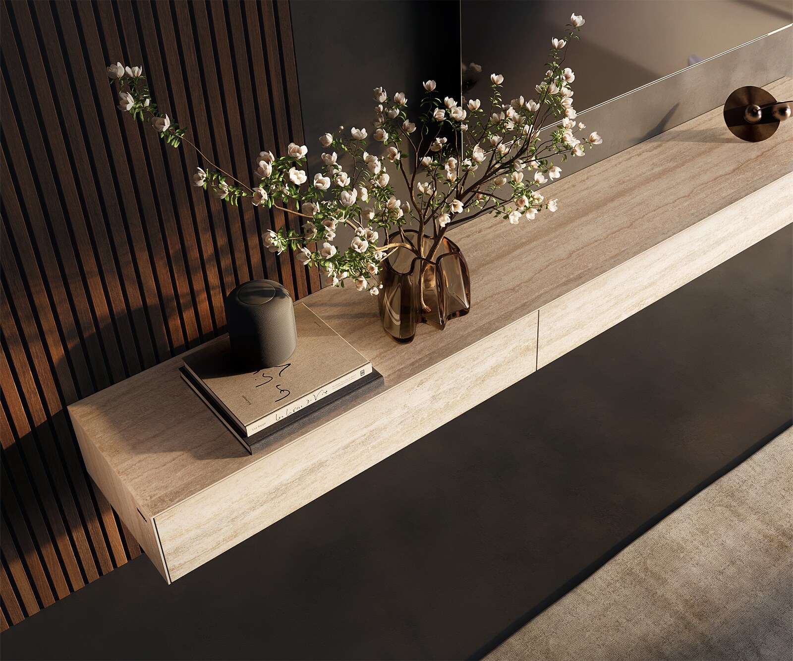 Tv-meubel Cuor 250 cm Keramiek Laminam® Travertino Bianco Crème-wit 1 Flap 1 Lade Zwevend 3