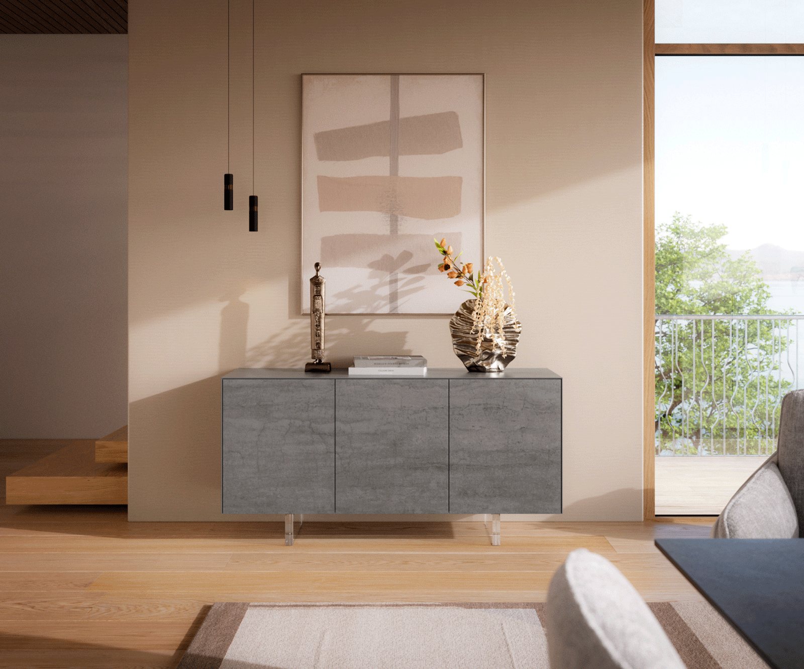 Dressoir Cuor 150 cm Keramiek Beton Grijs 3 Deuren Zwevende voet look Acrylglas 1