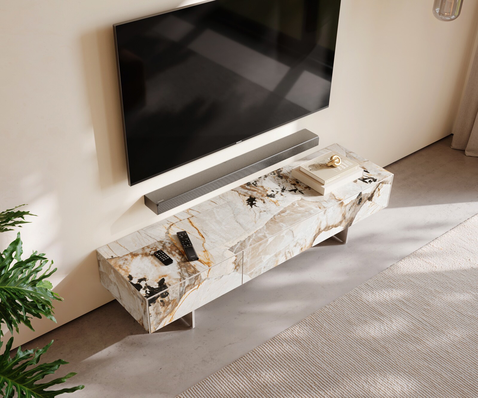 Tv-meubel Cuor 150 cm Keramiek Patagonia gepolijst 1 Flap 1 Laden Zwevende voet look Roestvrij staal 4